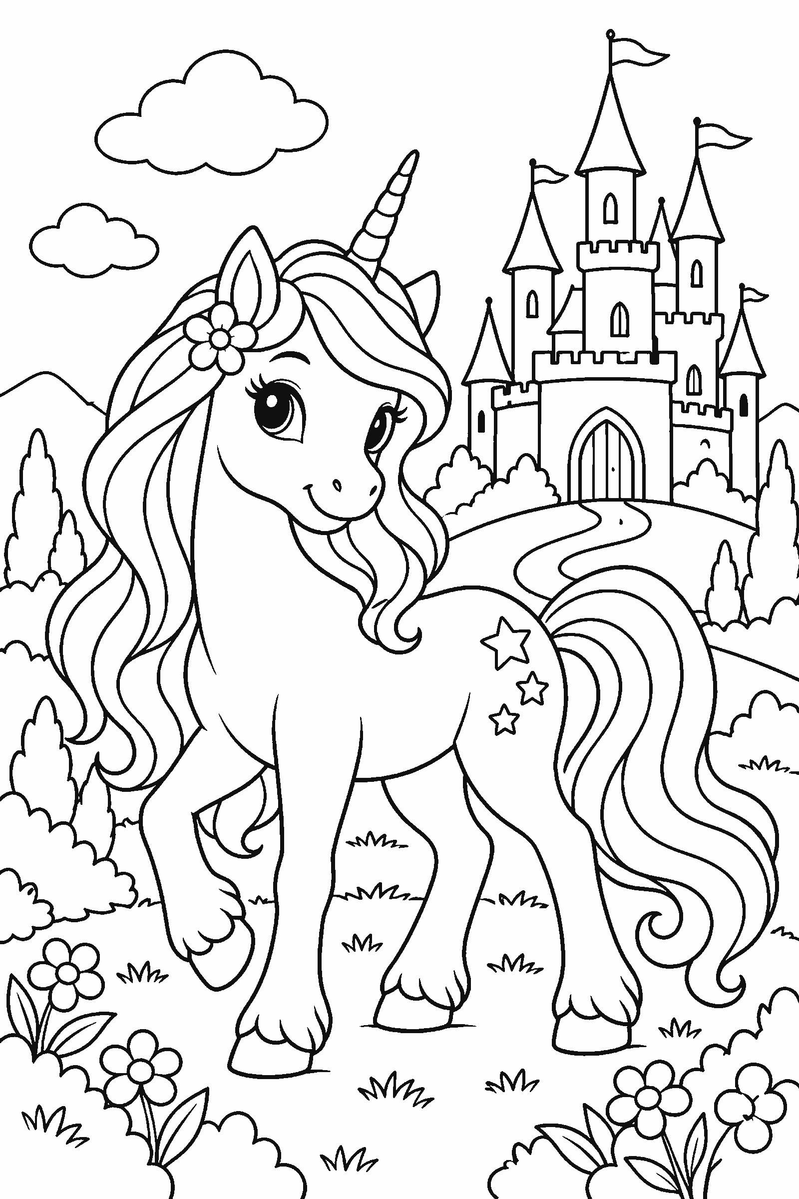Coloring page of a unicorn in front of a fairytale castle
