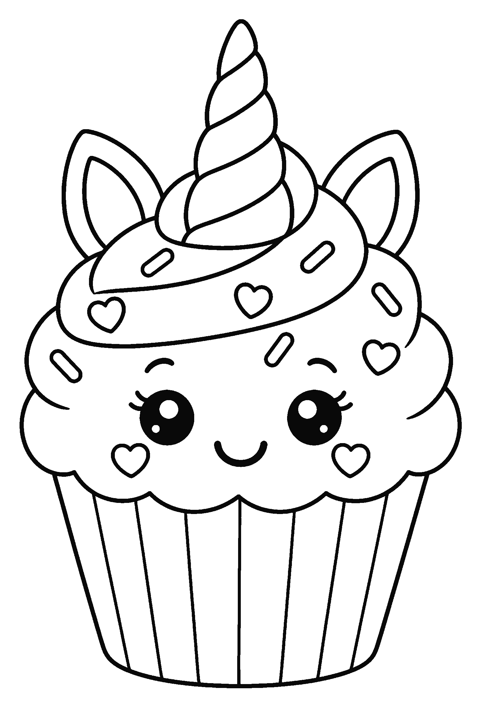 Coloring page of a unicorn cupcake with a horn and swirl frosting
