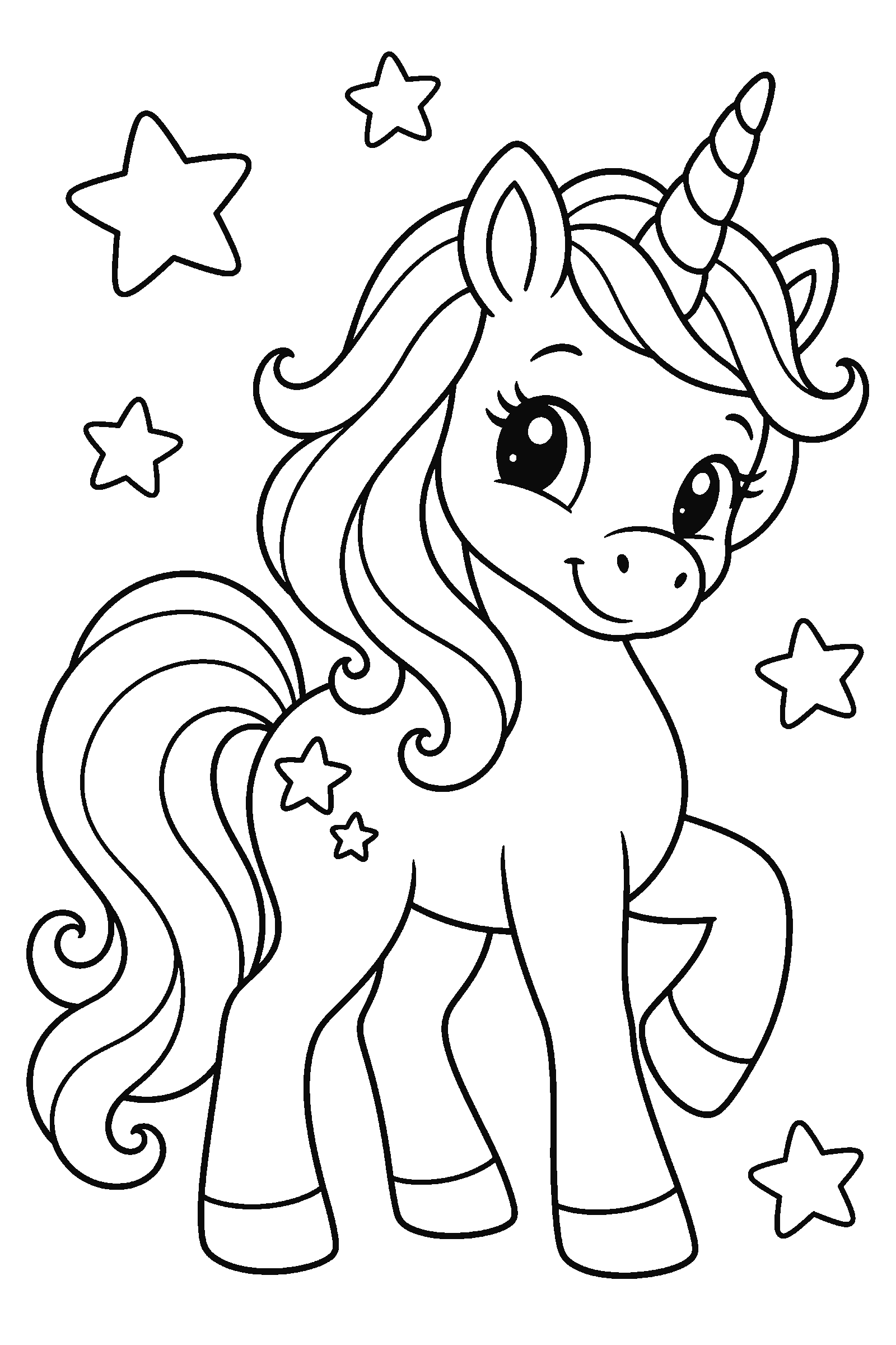 Coloring page of a cute unicorn with a flowing mane and stars