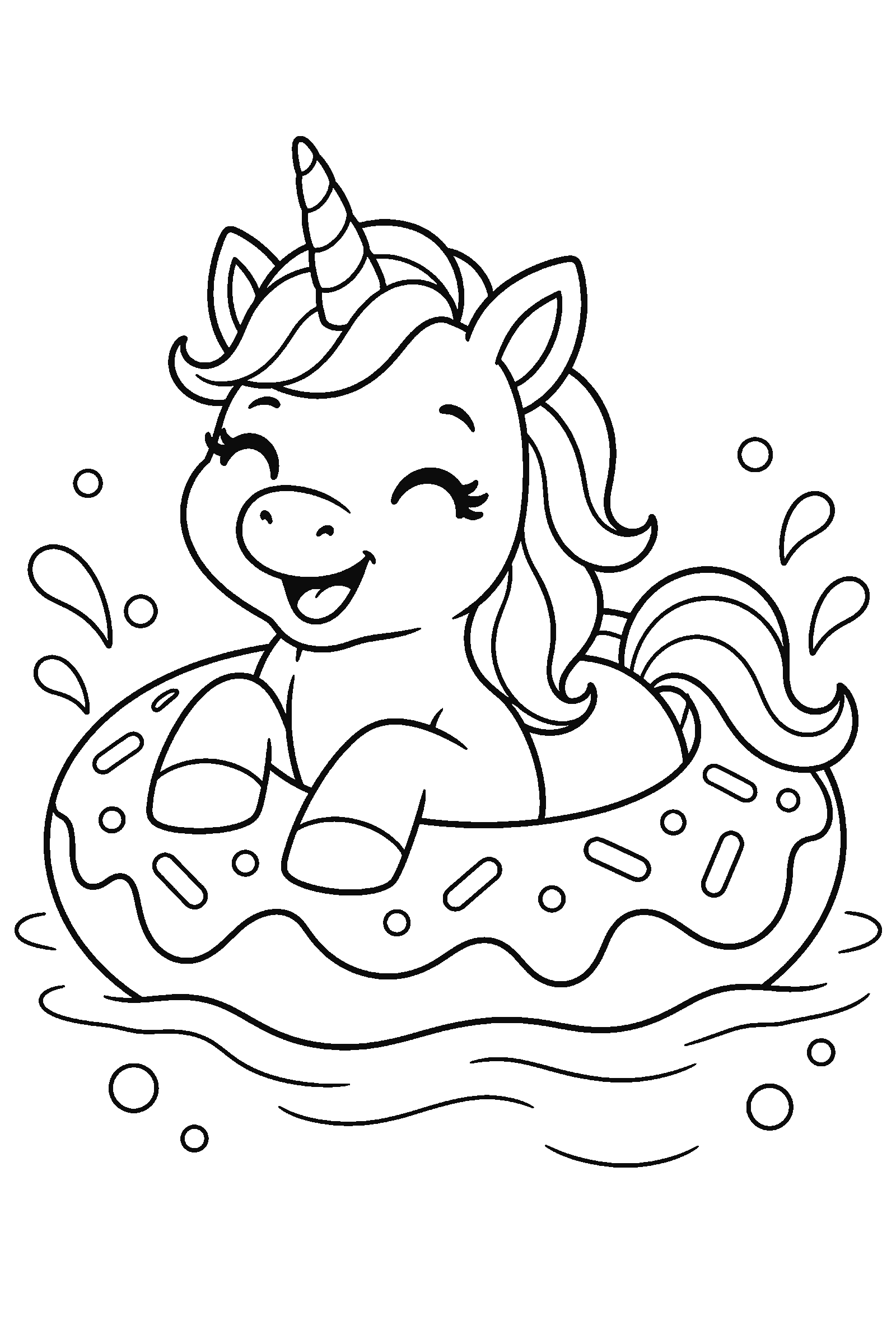 Coloring page of a unicorn floating in a donut pool ring