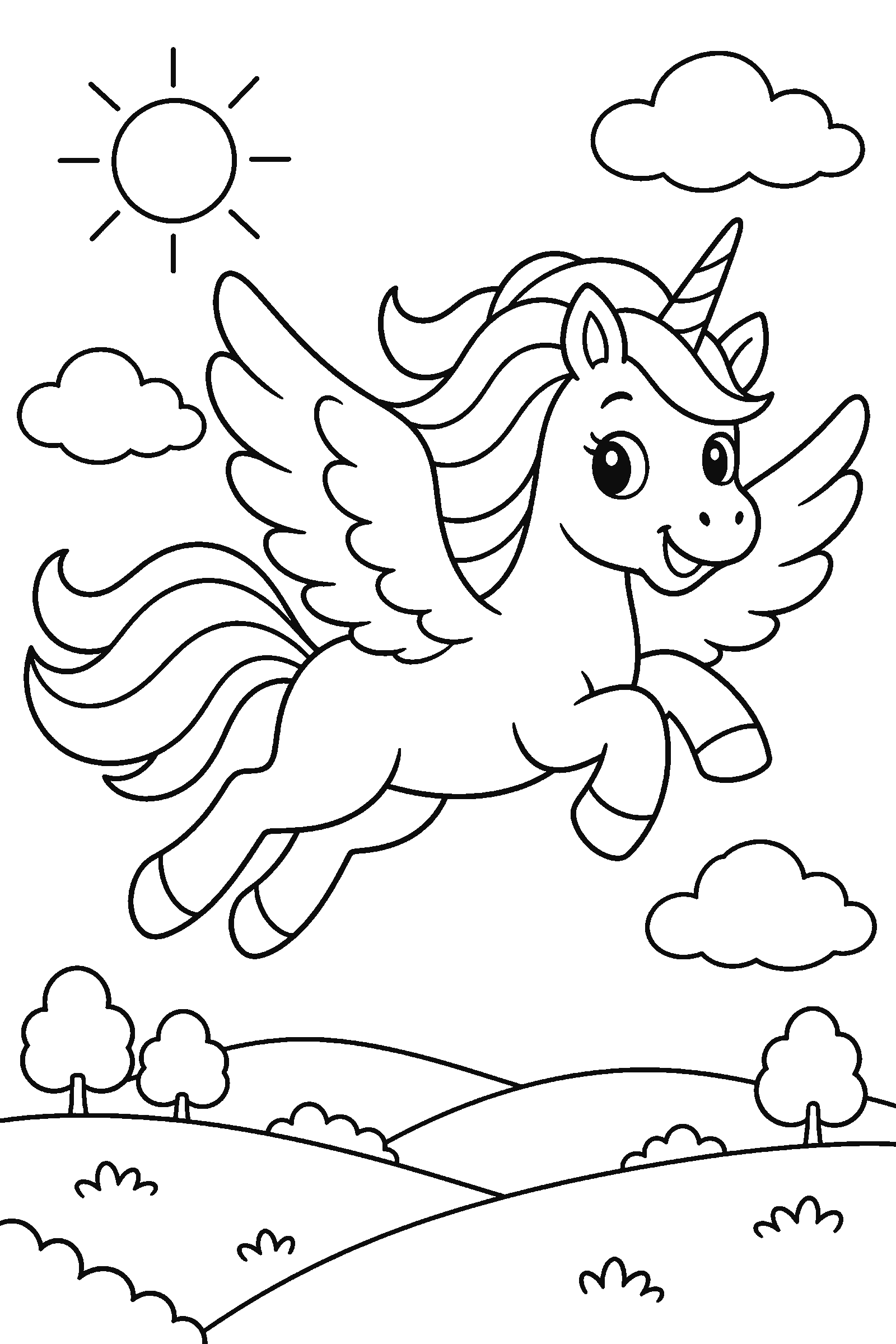 Coloring page of a unicorn with wings flying over hills