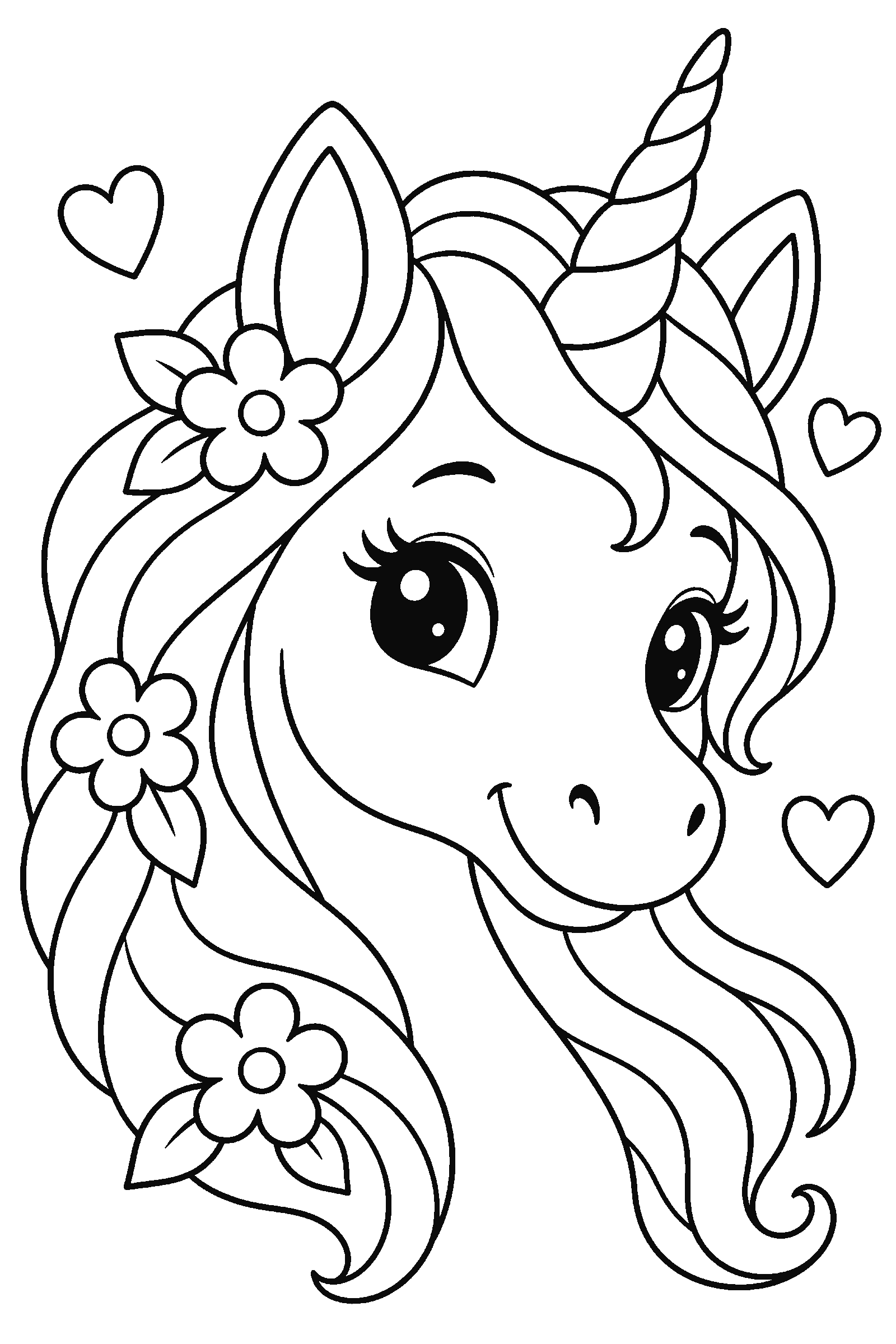 Coloring page of a unicorn head portrait with flowers in its mane