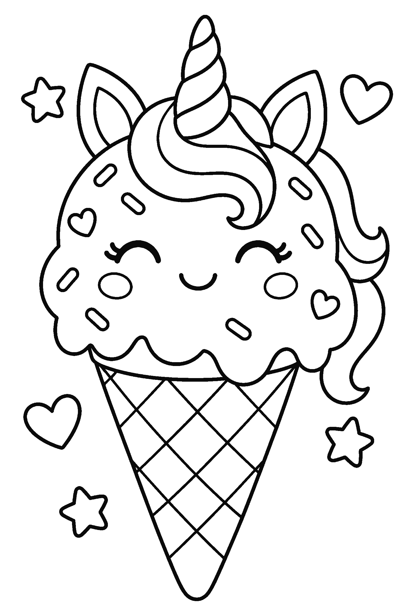 Coloring page of a unicorn ice cream cone