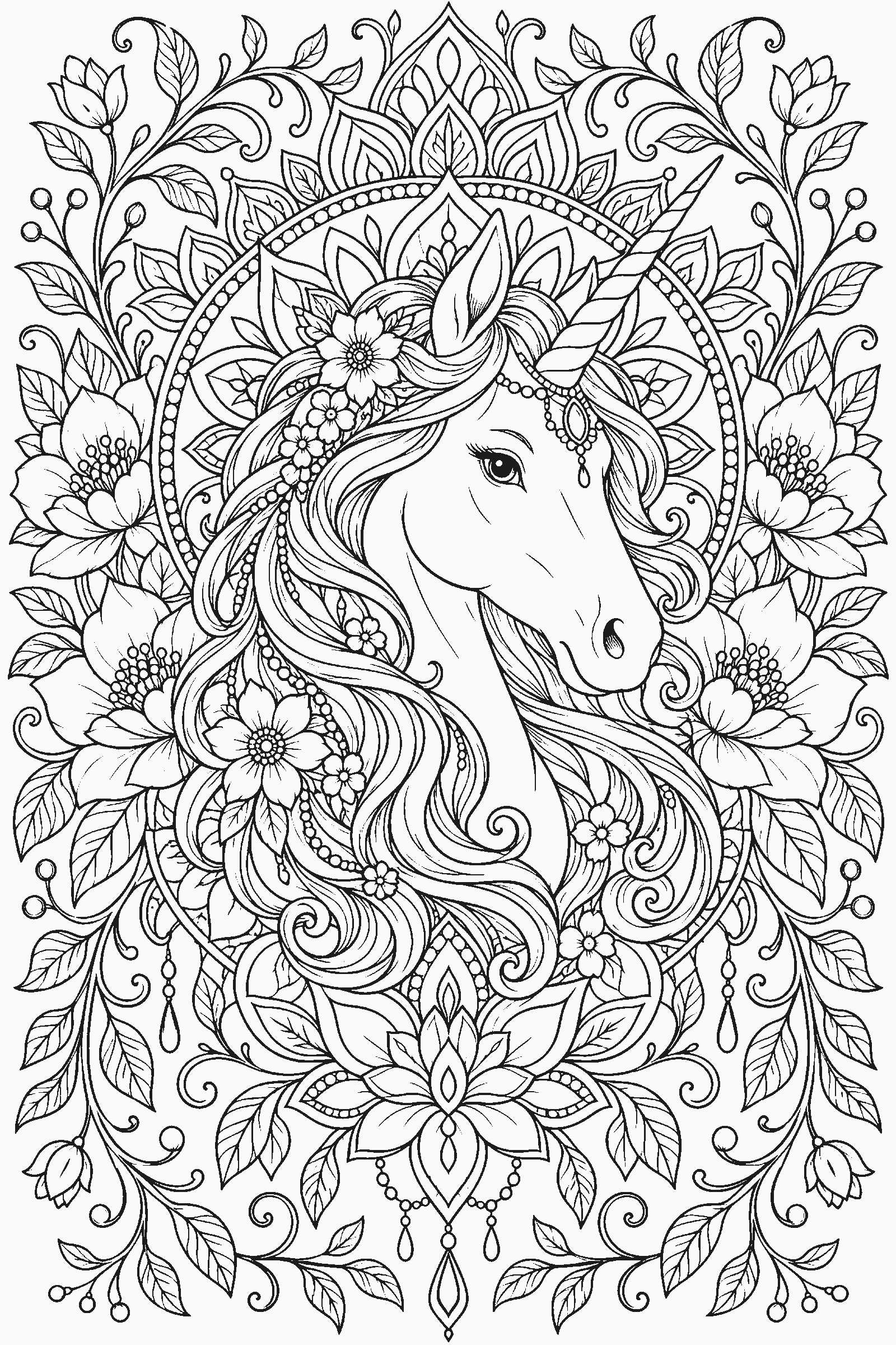 Detailed coloring page of a unicorn head surrounded by a floral mandala