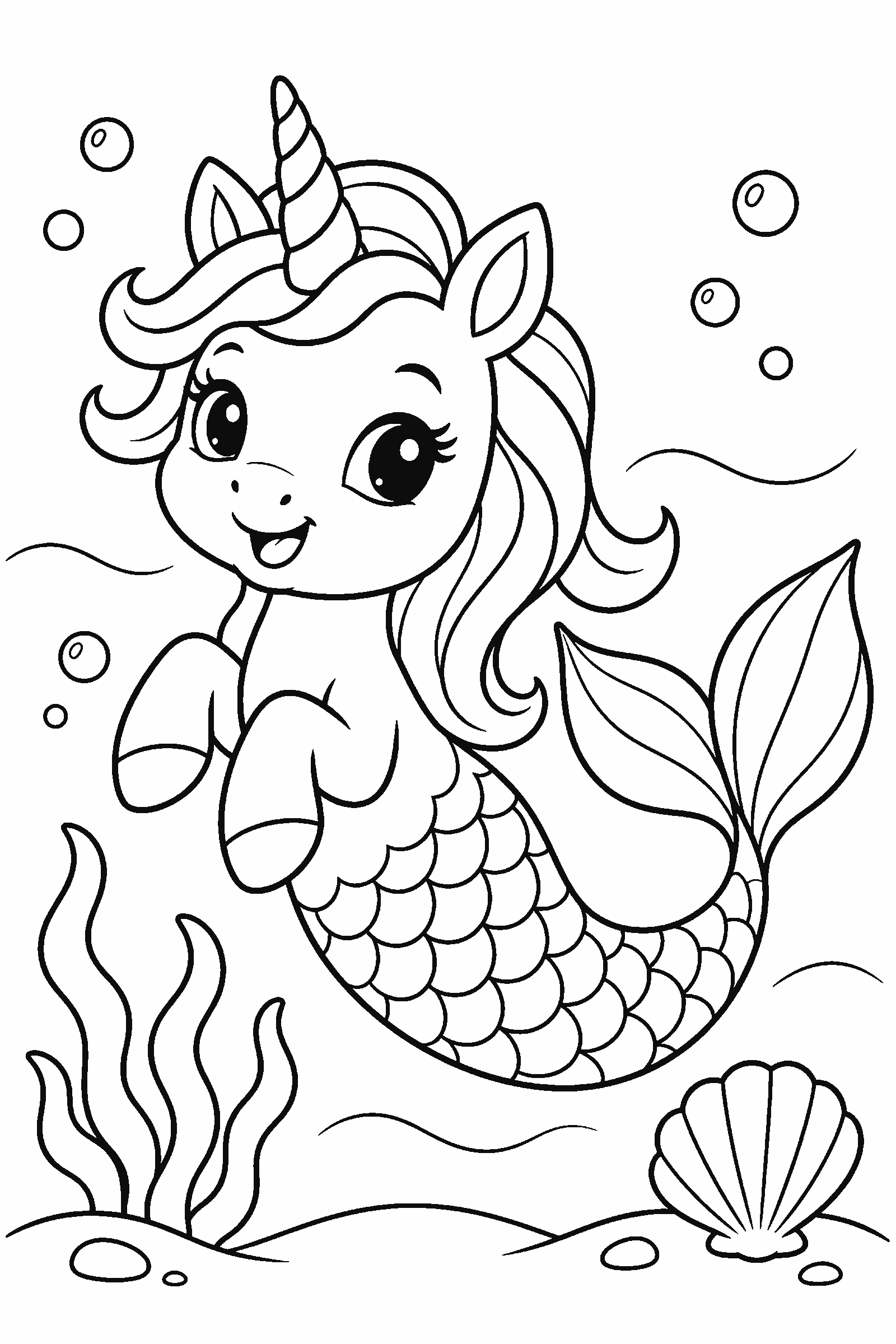 Coloring page of a unicorn with a mermaid tail in the sea