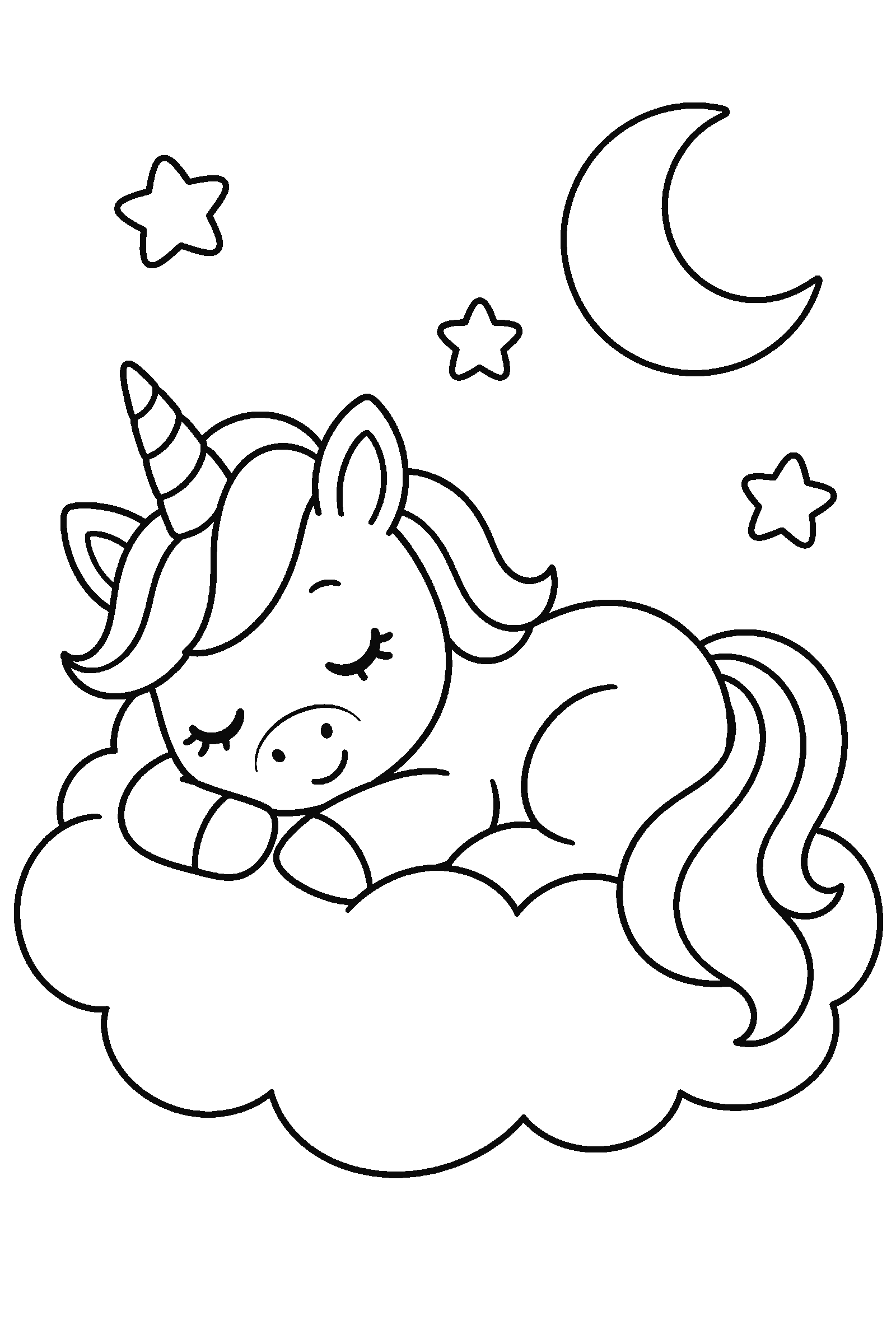 Coloring page of a unicorn sleeping on a fluffy cloud