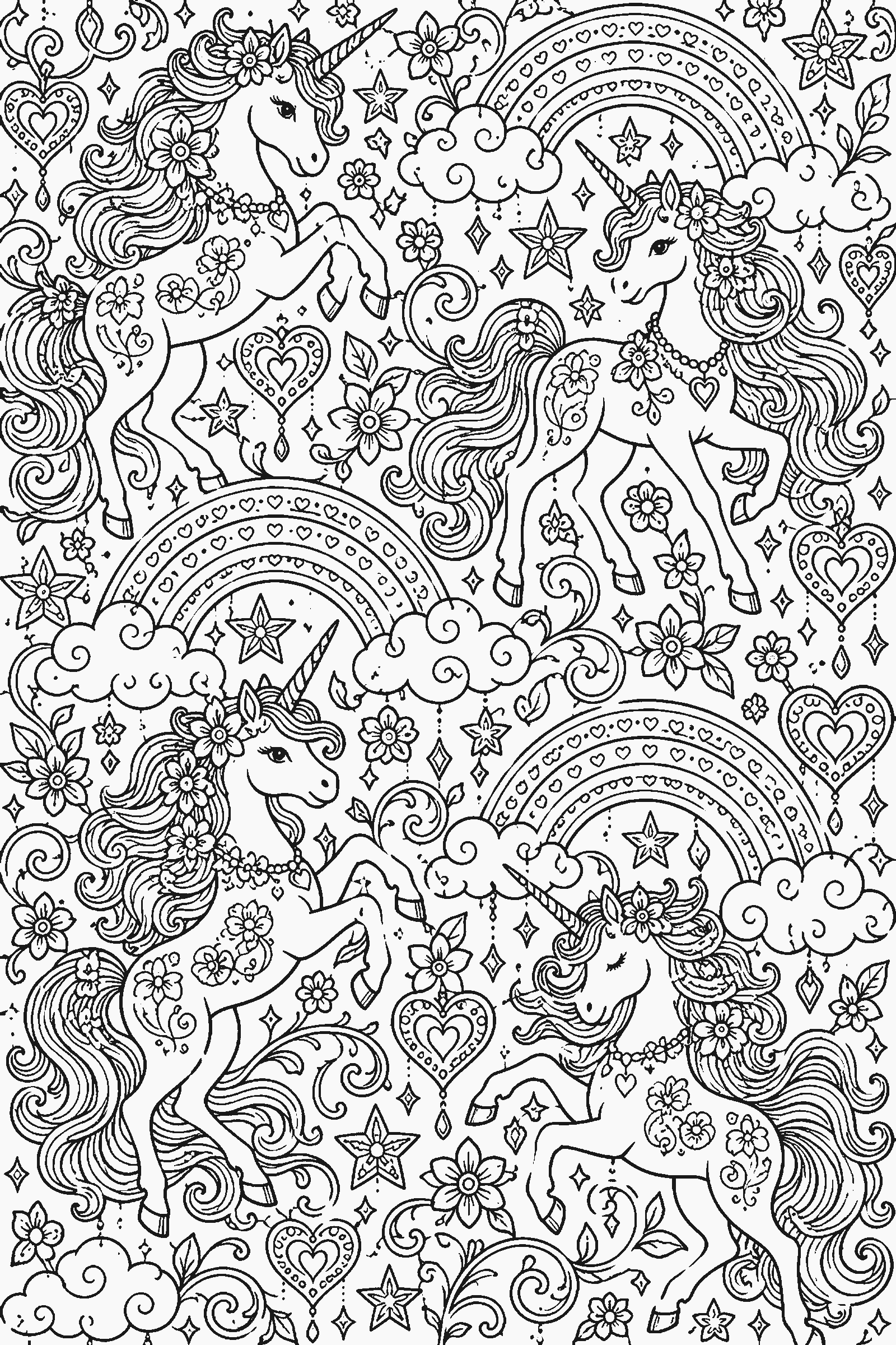 Coloring page of a full-page pattern of unicorns, rainbows, stars and hearts