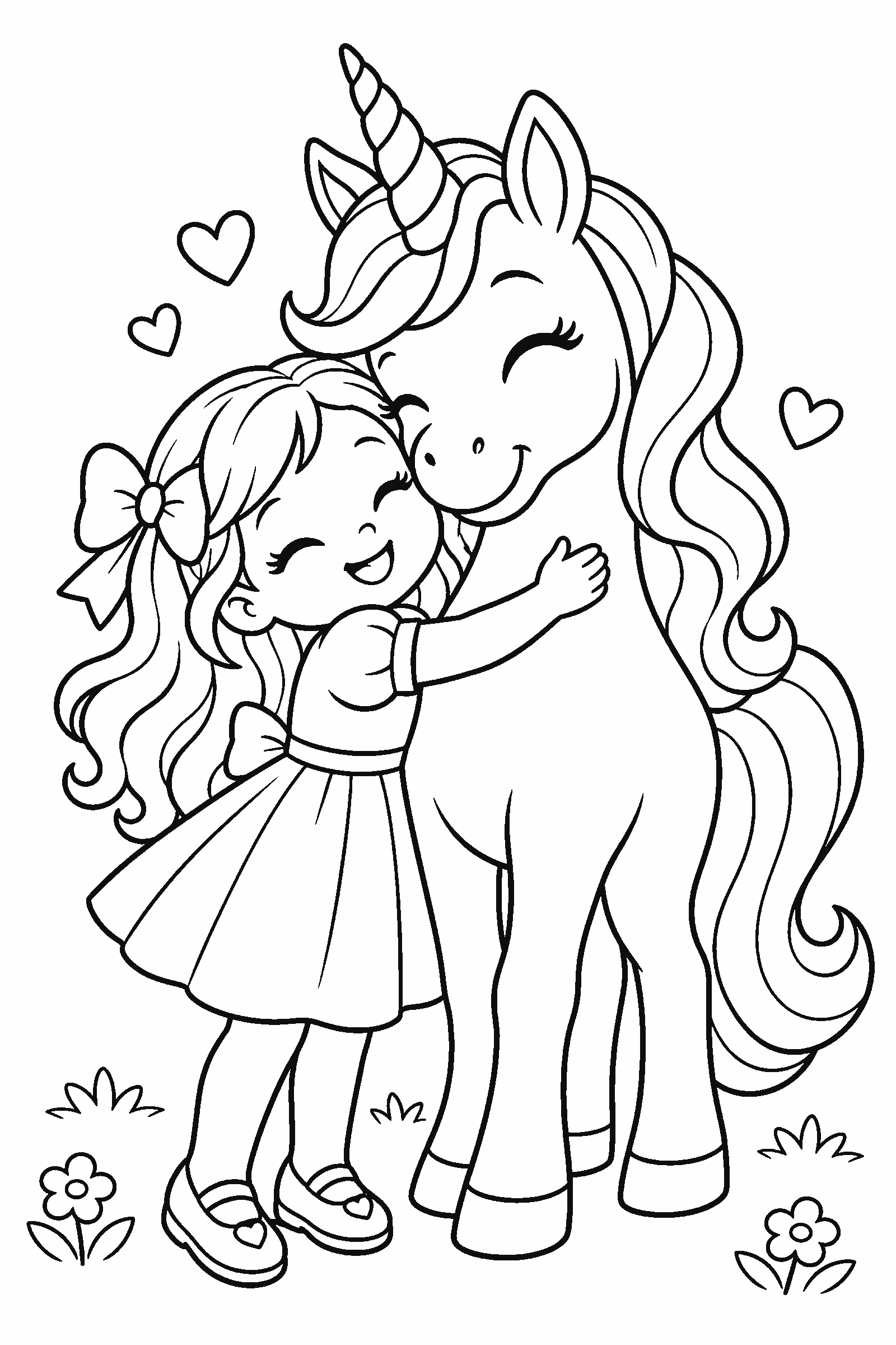 Coloring page of a little girl hugging a unicorn