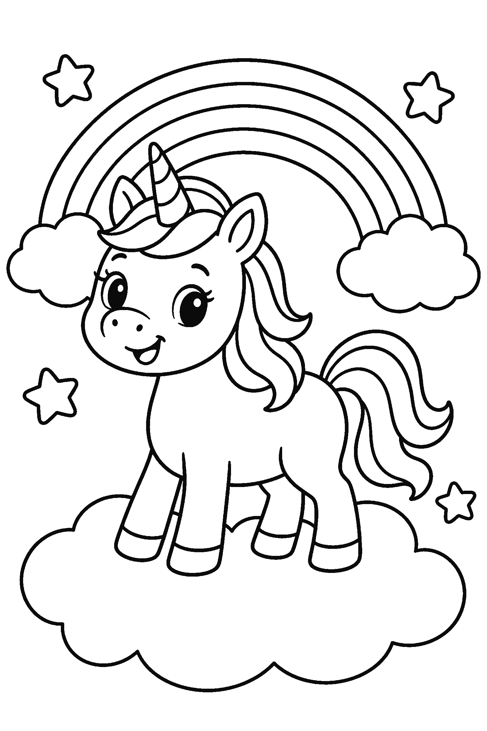 Coloring page of a unicorn standing on a cloud under a rainbow with stars