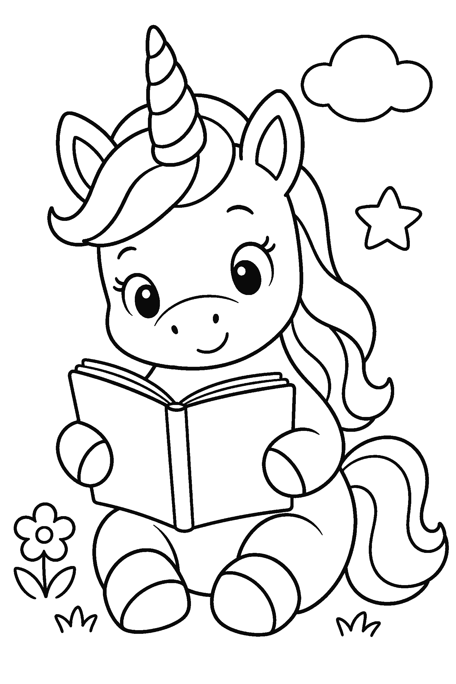 Coloring page of a unicorn reading a book