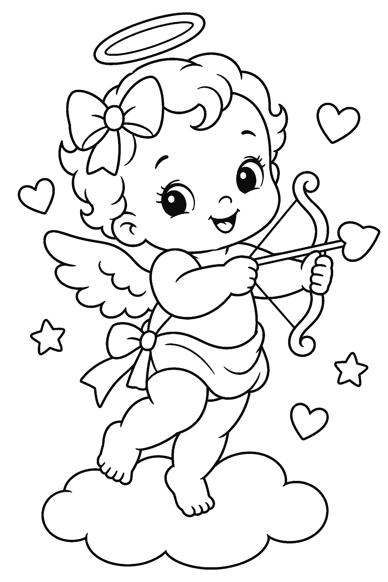 Coloring page of a cute baby angel with a bow and heart arrow