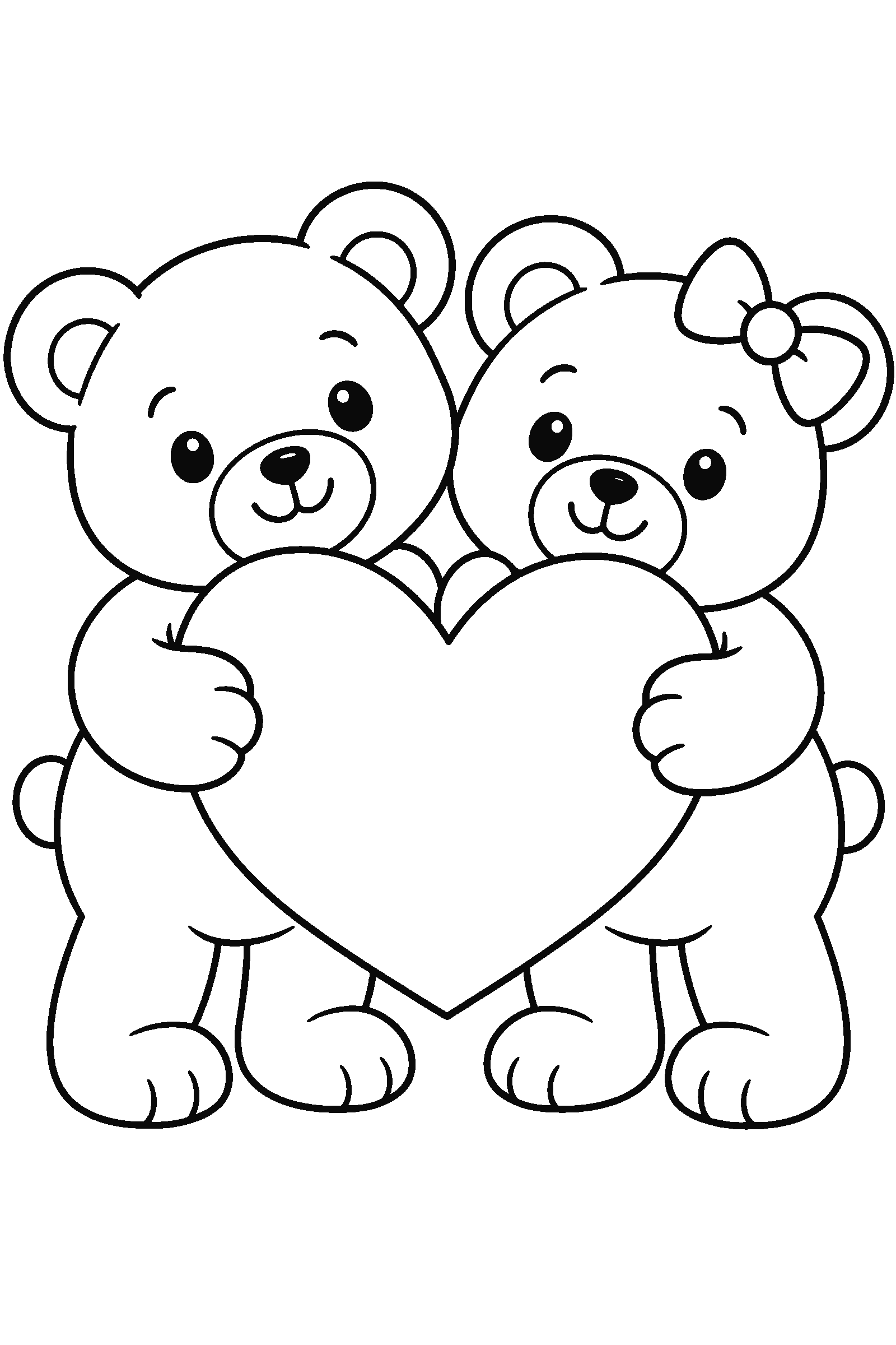 Coloring page of two teddy bears sharing a big heart