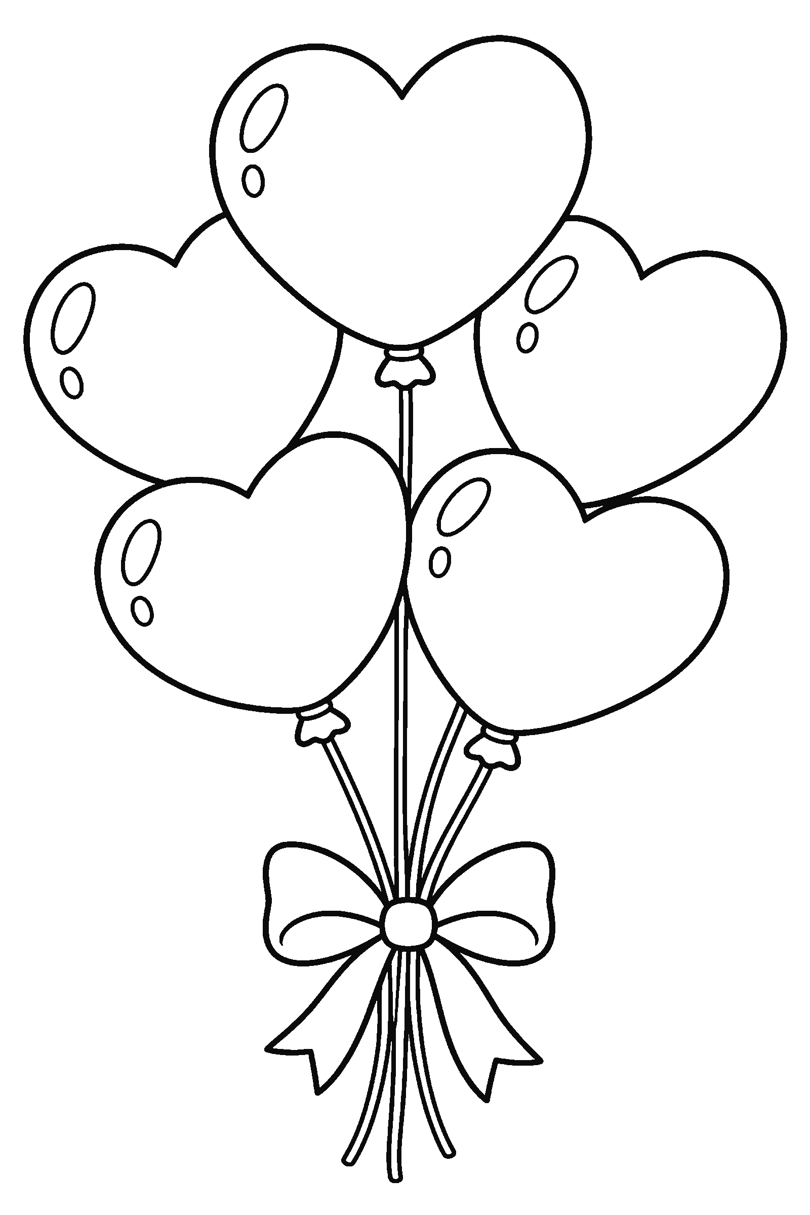 Coloring page of a bouquet of heart-shaped balloons