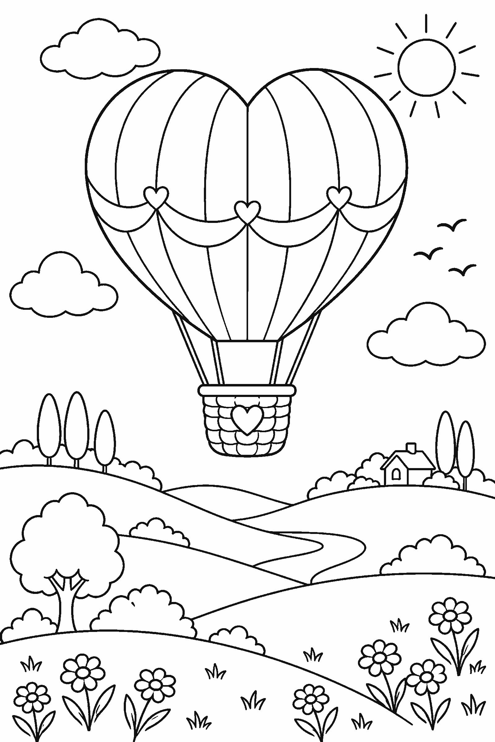 Coloring page of a heart-shaped hot air balloon over hills