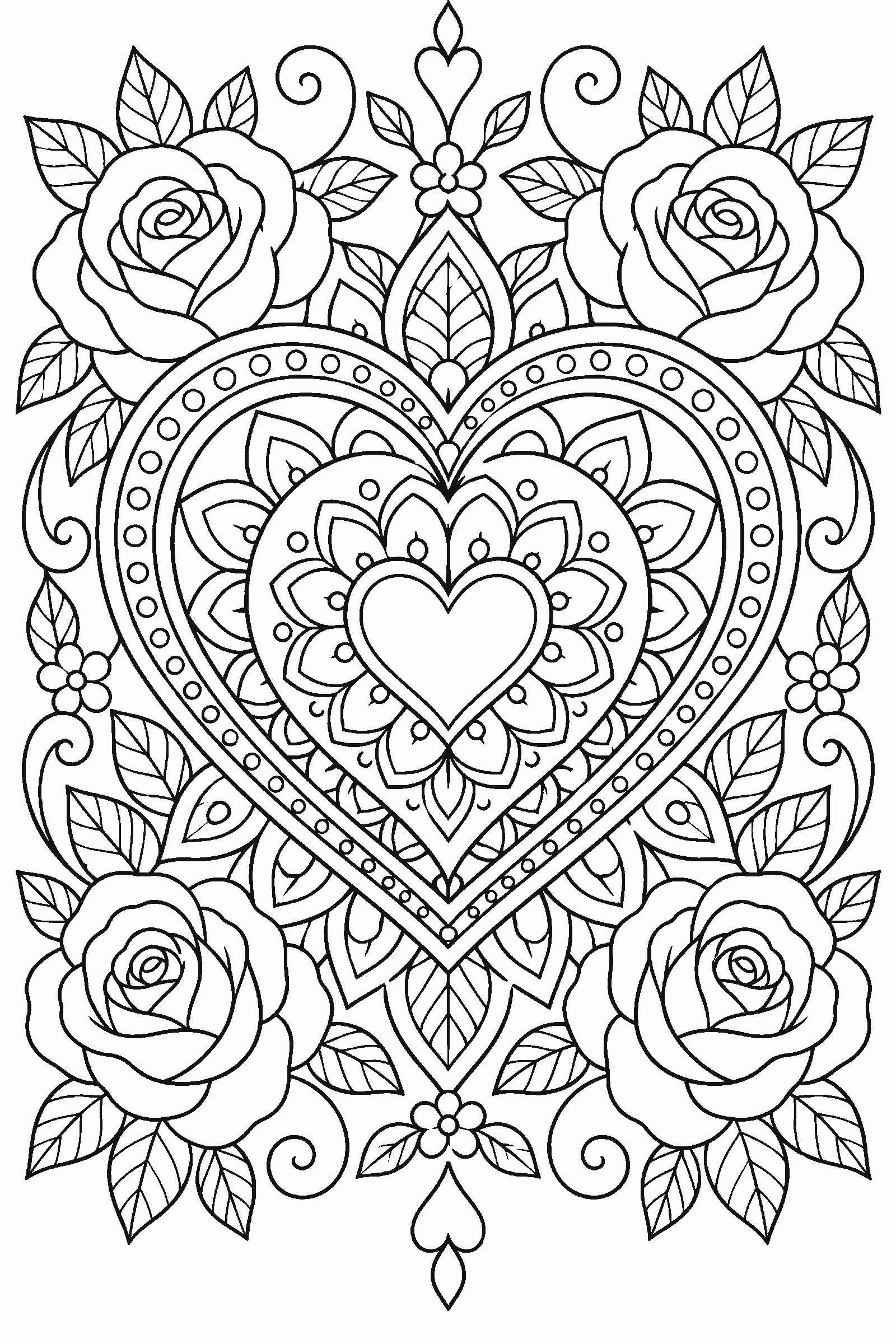 Coloring page of a heart mandala with roses