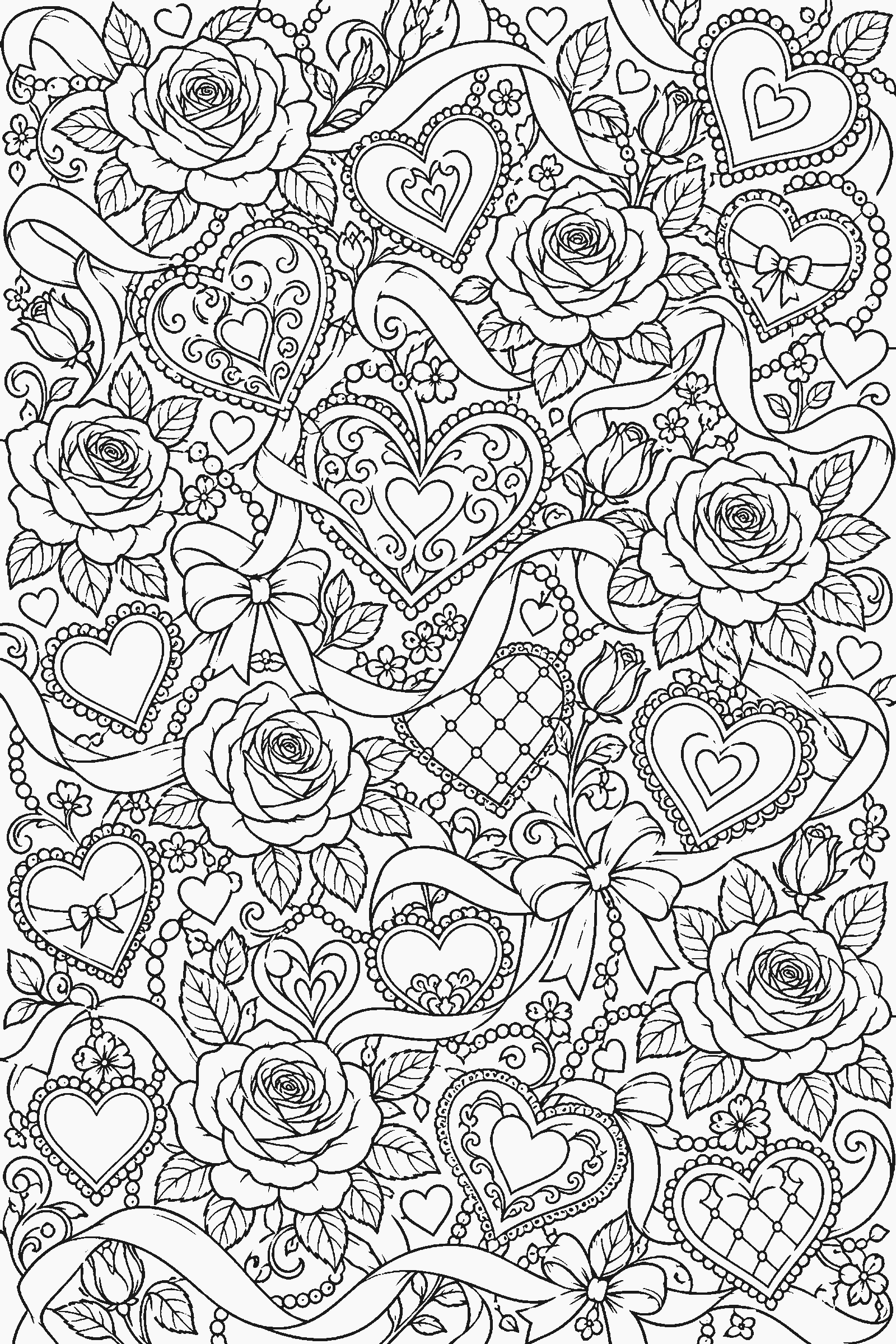 Coloring page of a full-page pattern of hearts, roses and ribbons