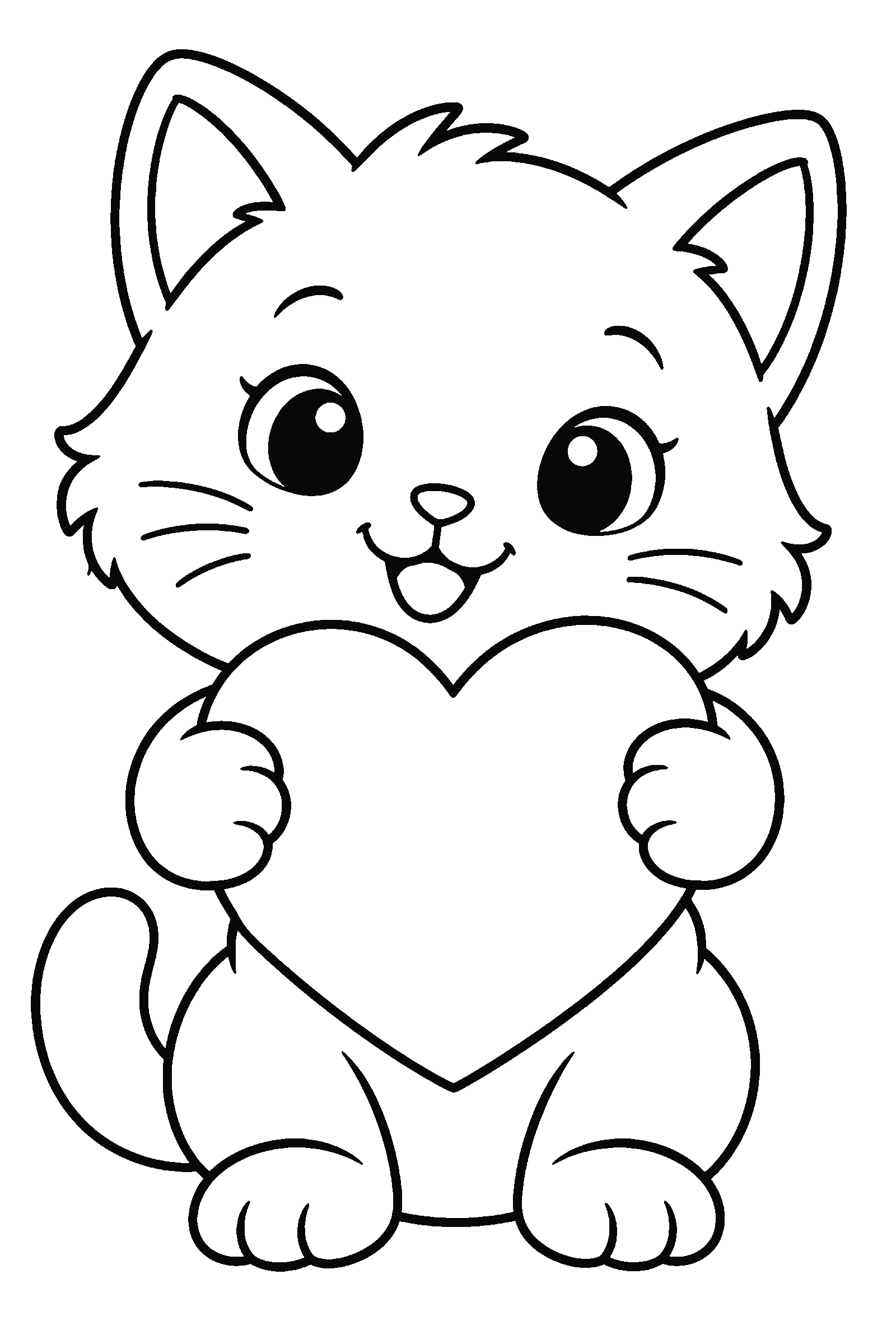 Coloring page of a kitten holding a heart