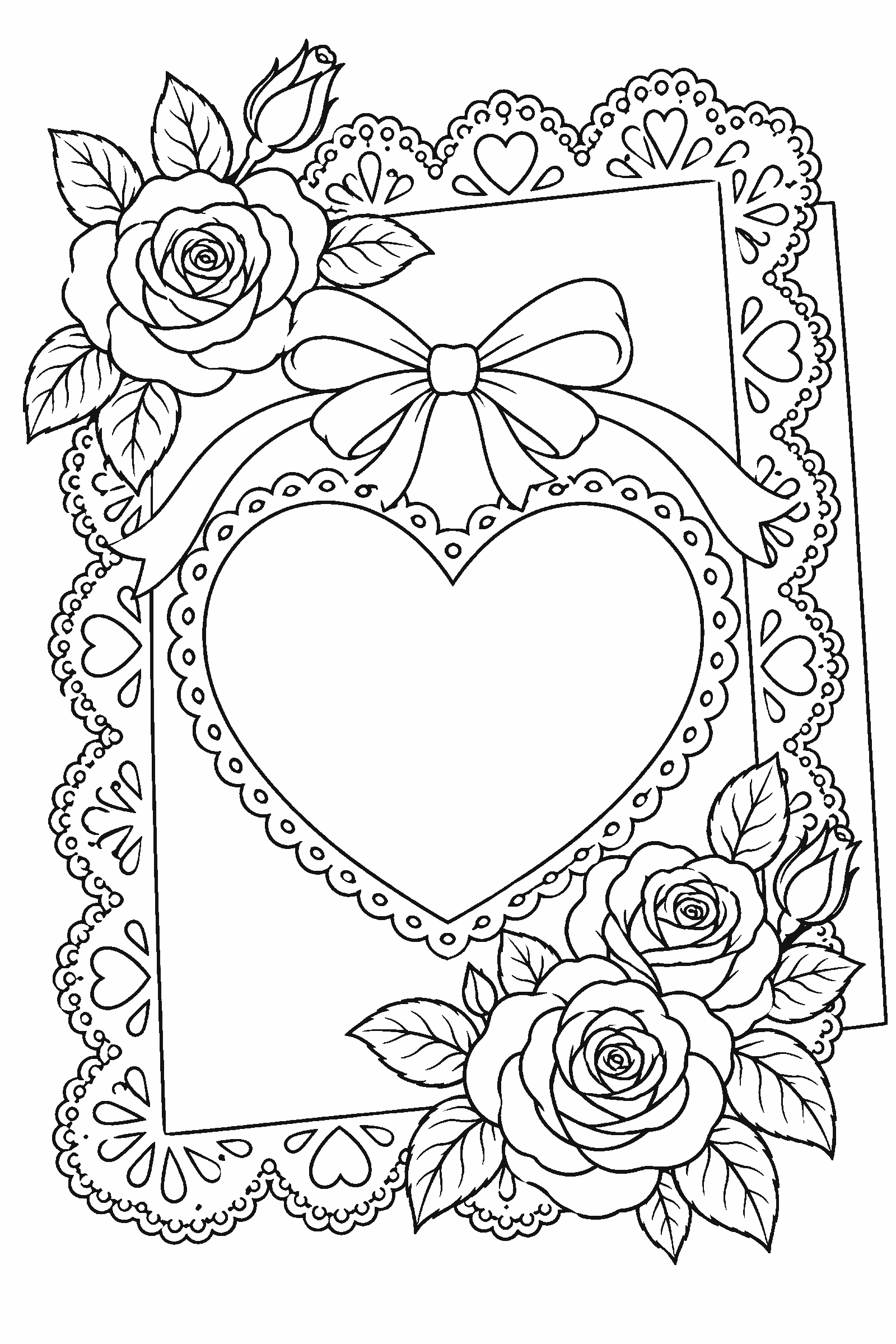 Coloring page of a valentine card with a lace border and roses, no letters