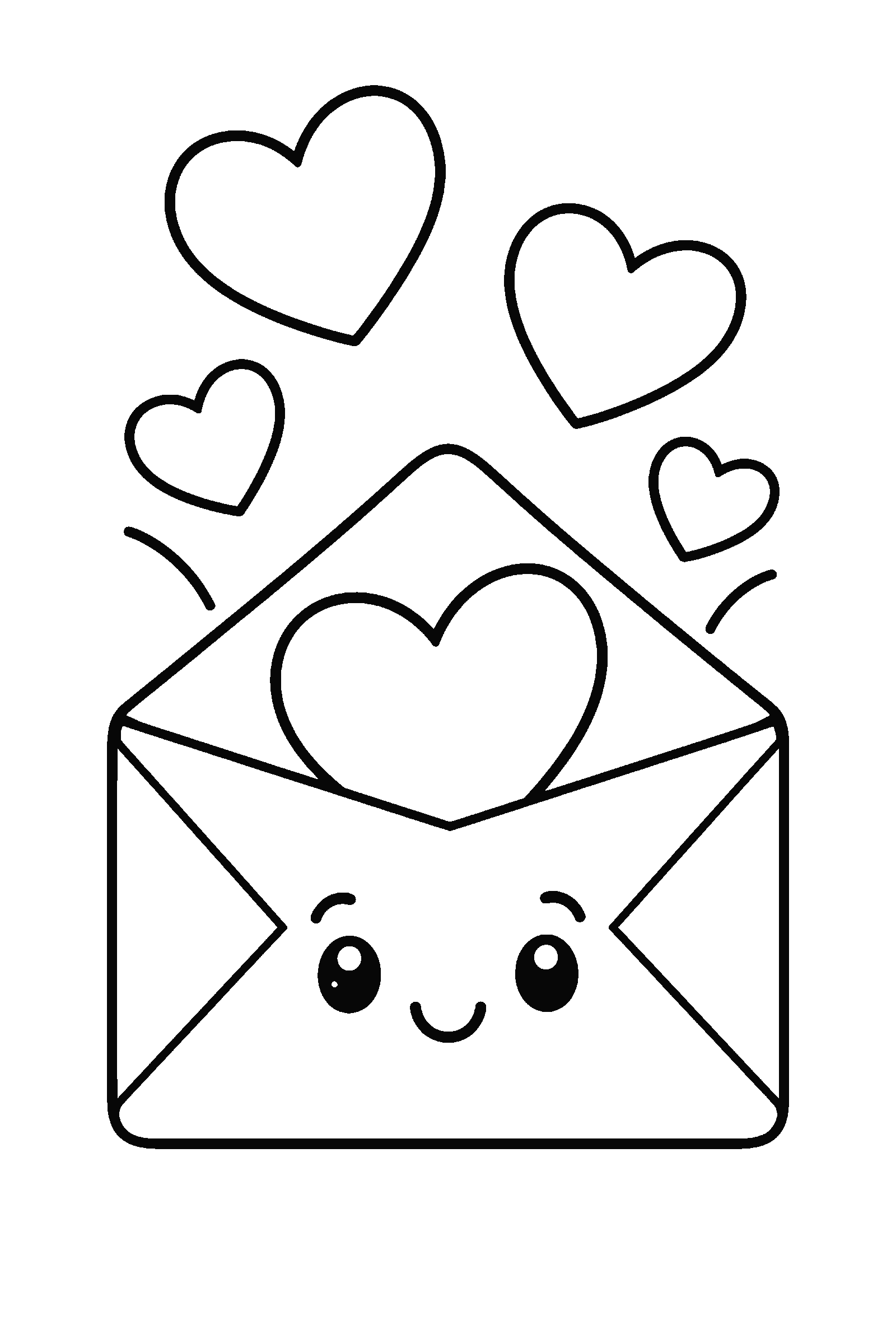 Coloring page of an envelope with hearts flying out
