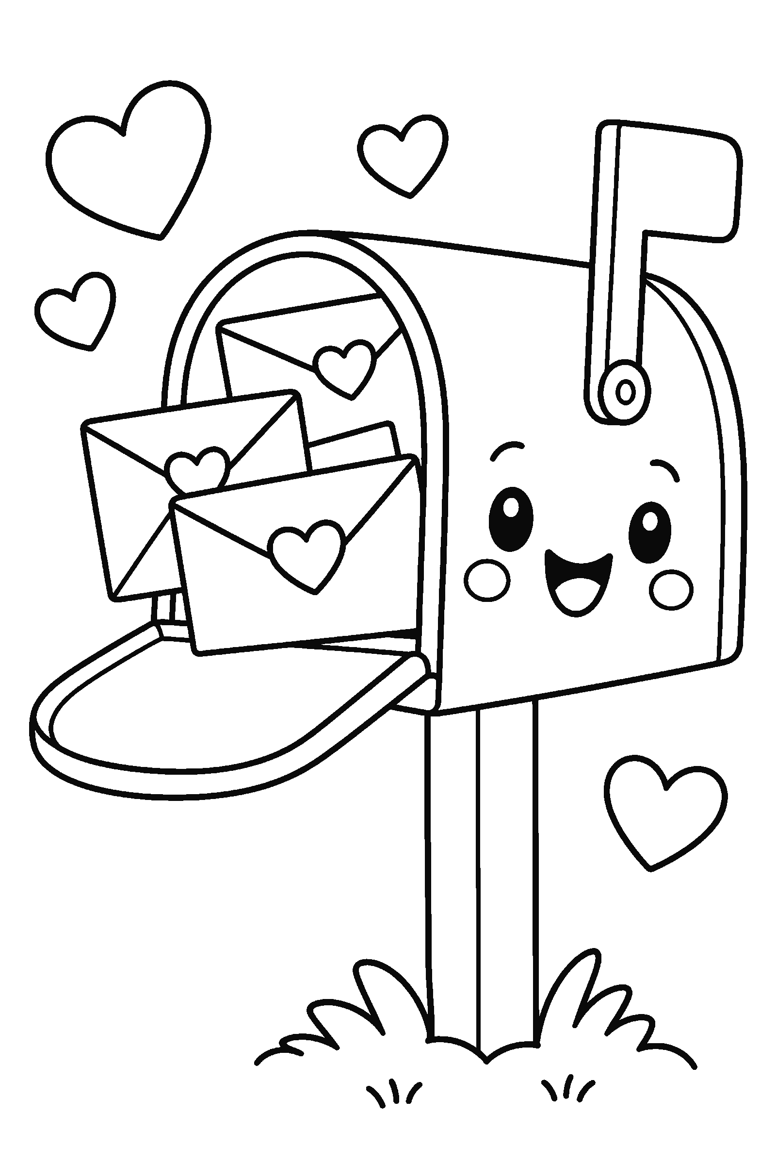 Coloring page of a mailbox full of valentine envelopes