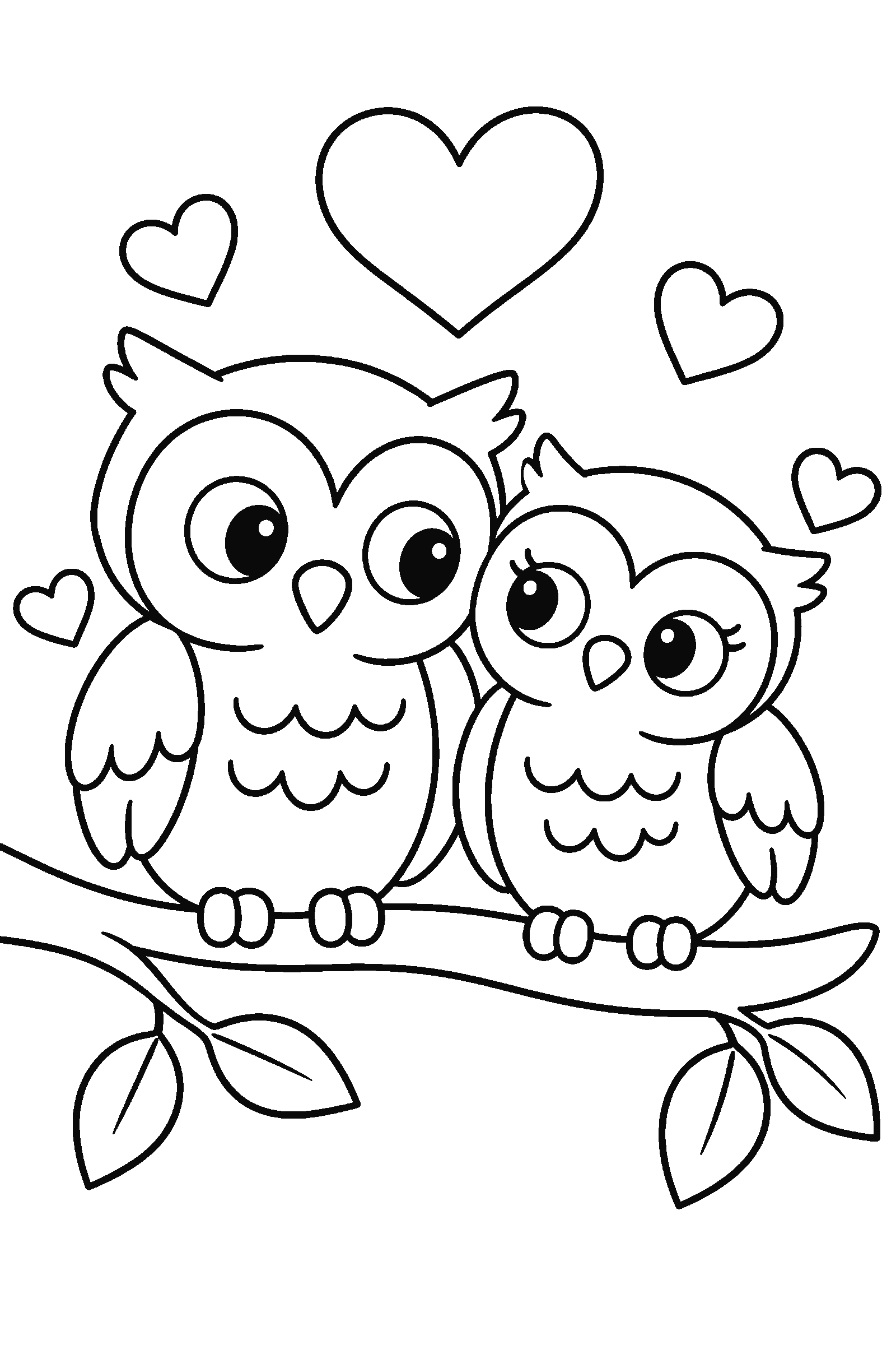 Coloring page of two owls on a branch with hearts