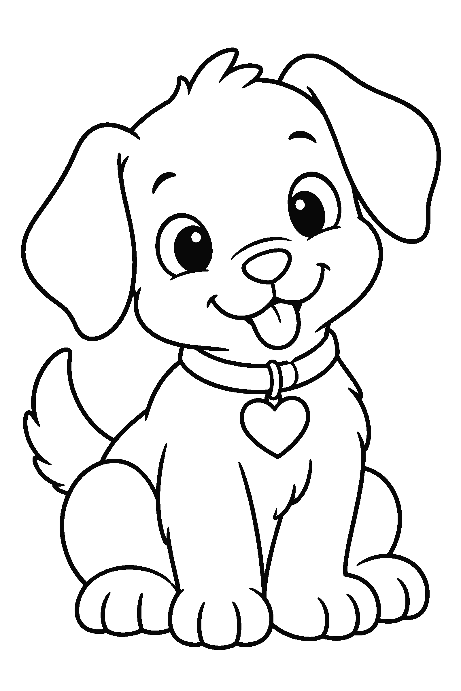 Coloring page of a puppy with a heart-shaped collar tag