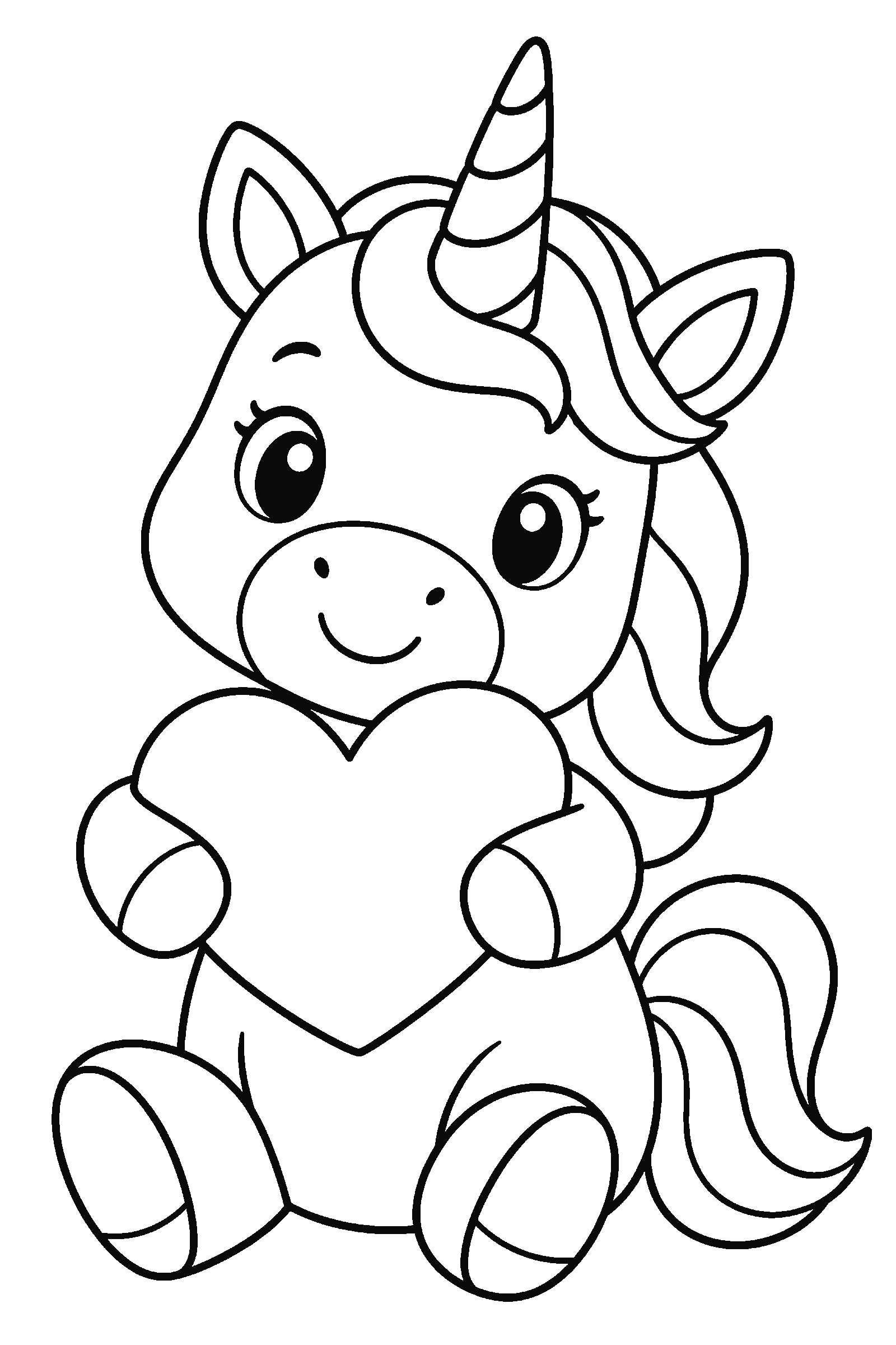 Coloring page of a unicorn holding a heart
