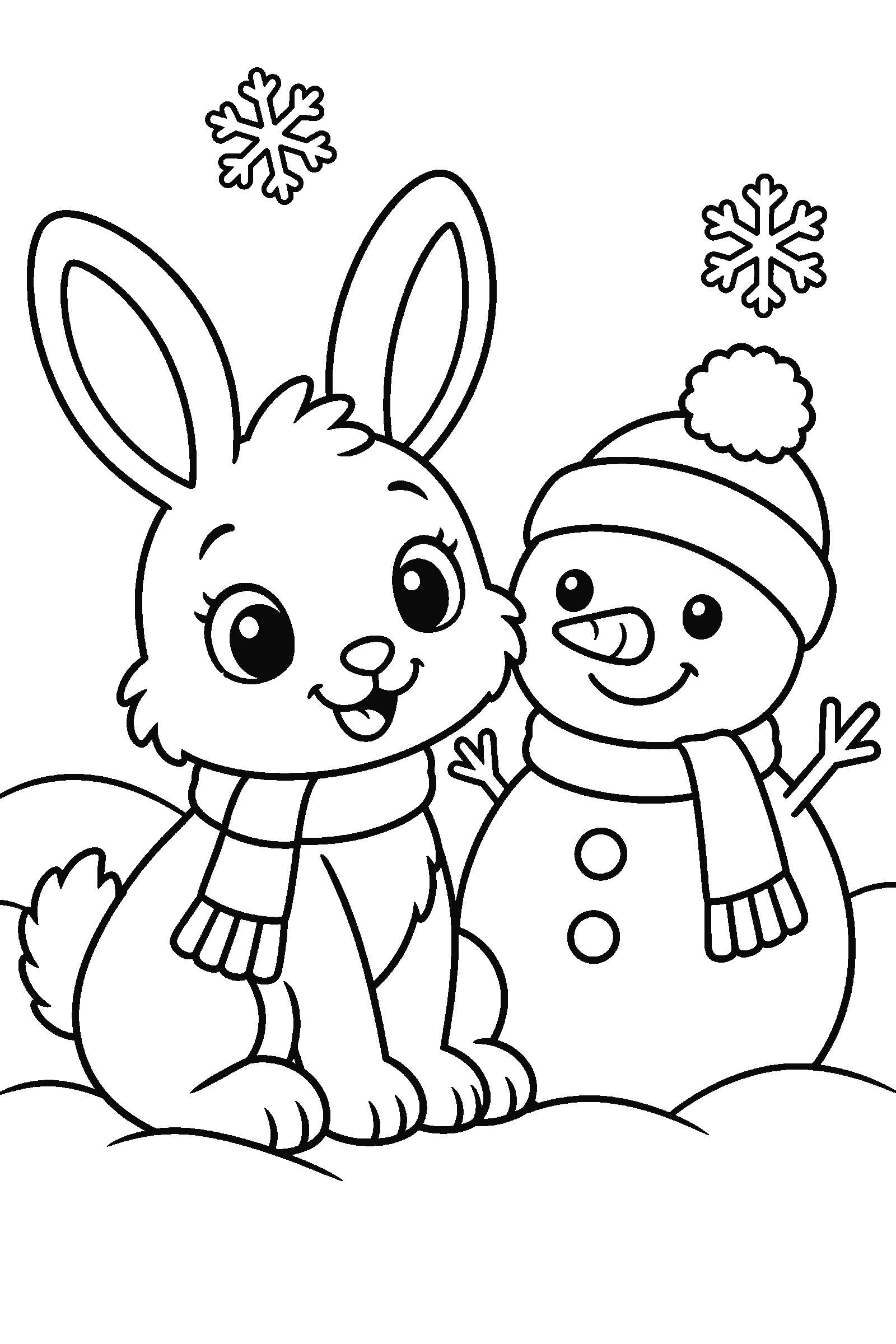 Coloring page of a fluffy bunny sitting in the snow next to a little snowman