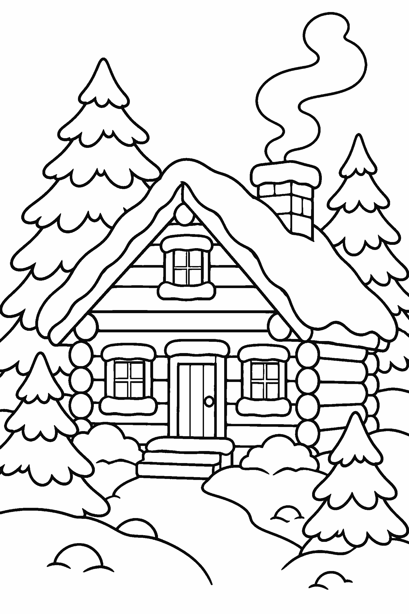 Coloring page of a snowy log cabin in the woods with smoke from the chimney and pine trees