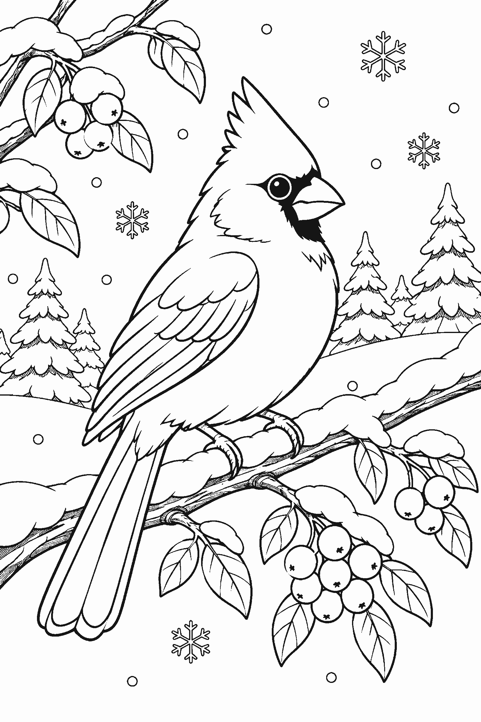 Coloring page of a cardinal bird on a snowy branch with berries