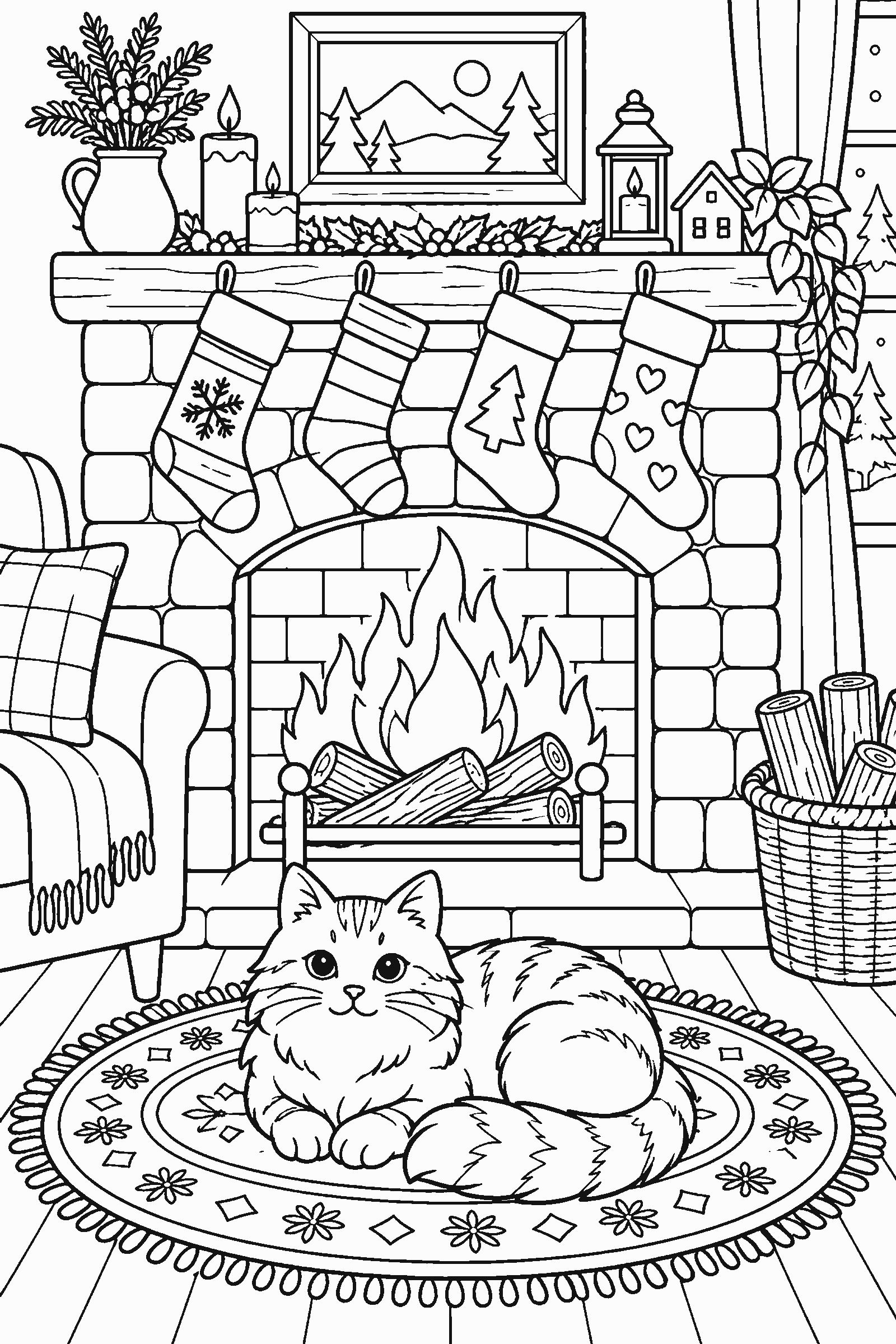 Coloring page of a cozy fireplace with stockings and a cat on a rug