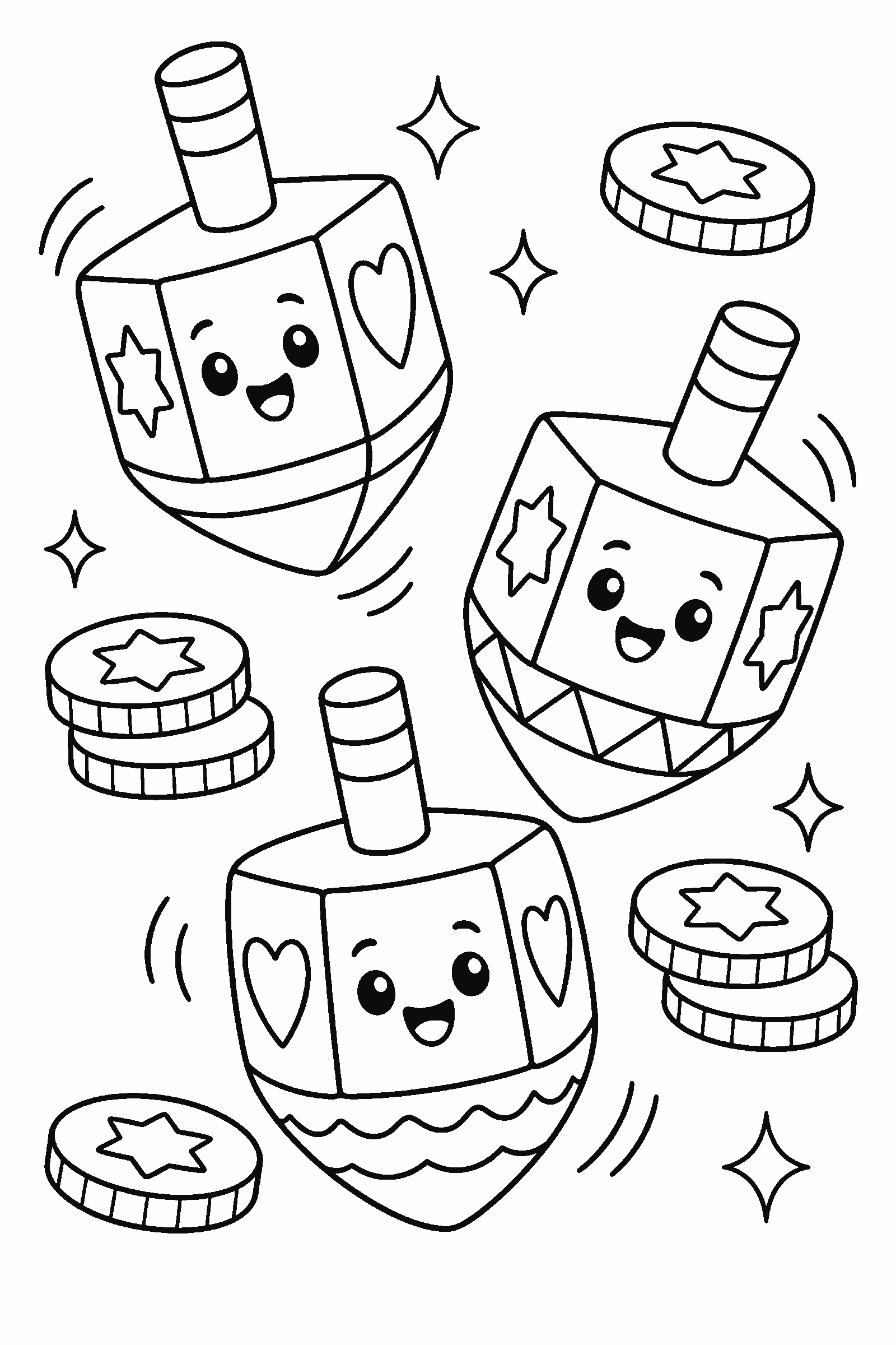 Coloring page of three dreidels and chocolate coins