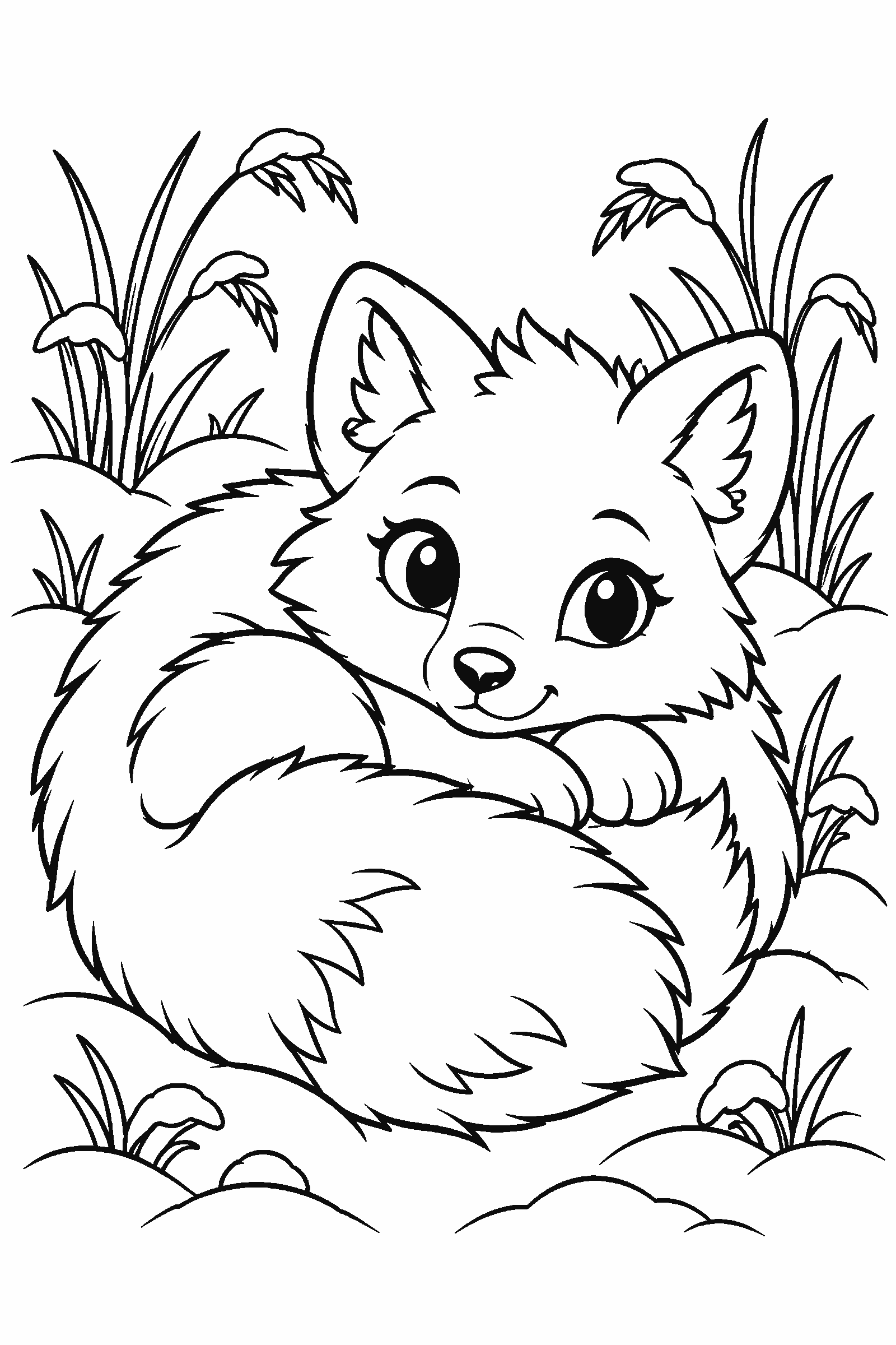 Coloring page of an arctic fox curled up in the snow among winter grasses