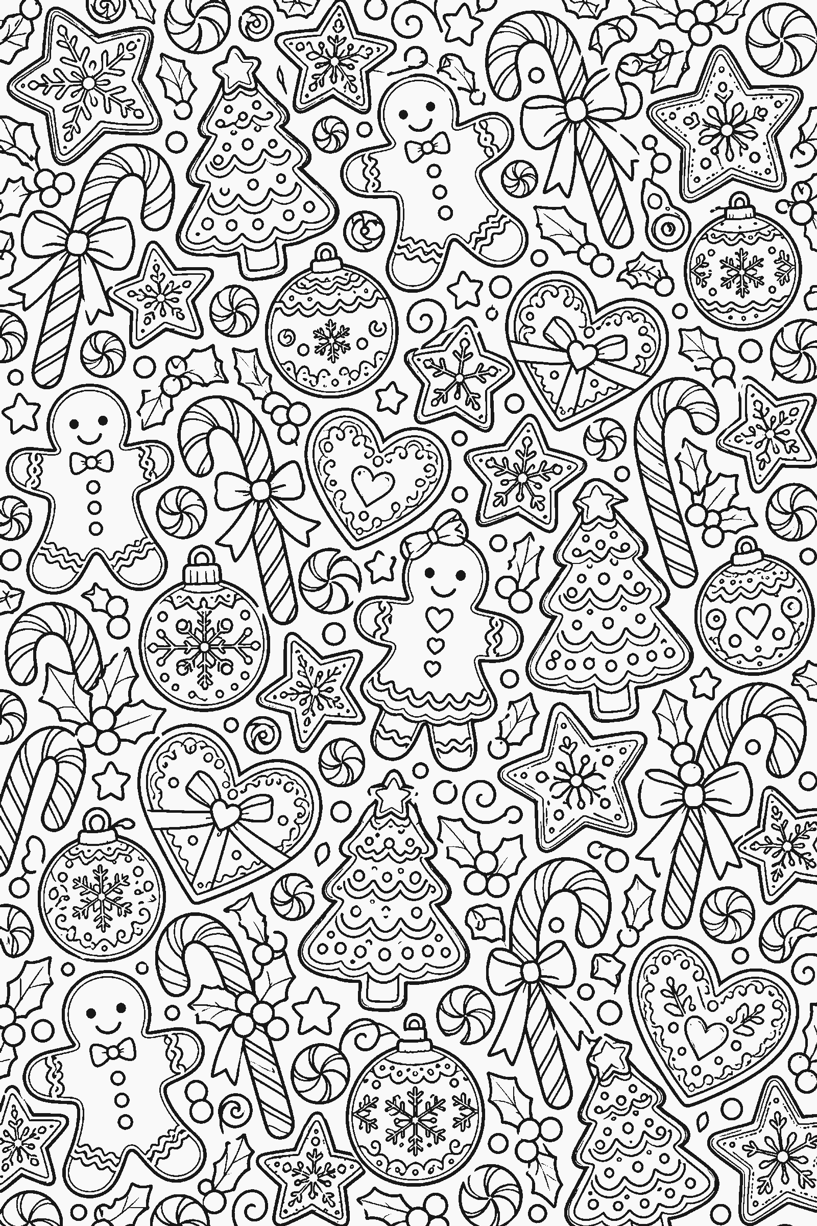 Coloring page of a full-page pattern of gingerbread cookies, candy canes and stars