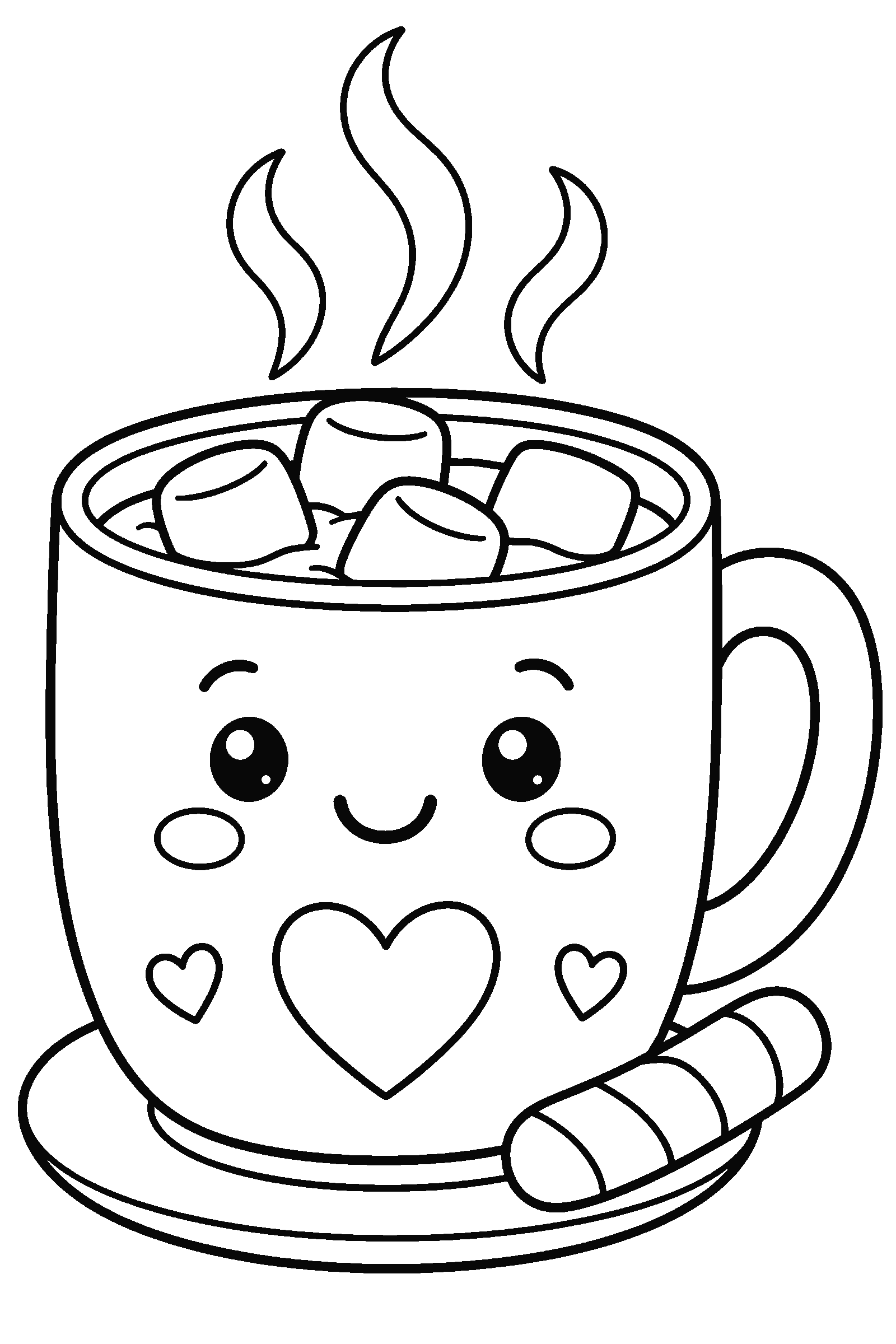 Coloring page of a mug of hot cocoa with marshmallows and steam