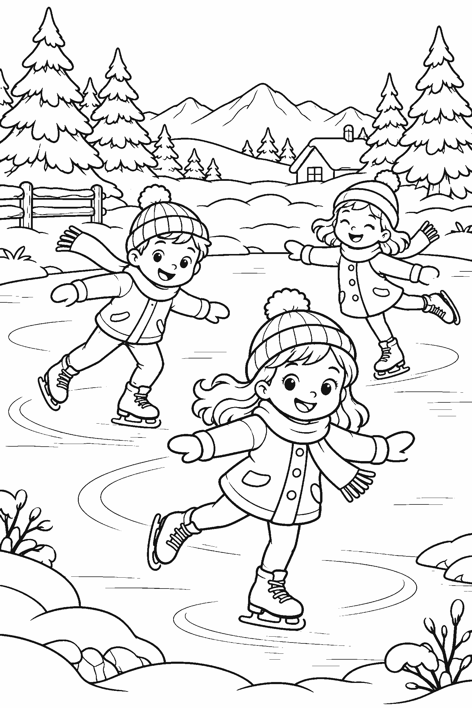 Coloring page of kids ice skating on a frozen pond with pine trees