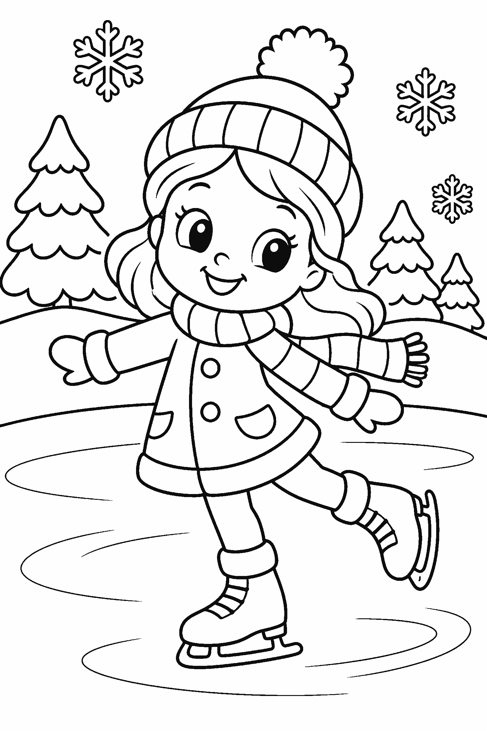 Coloring page of a girl ice skating on a frozen pond with snowy trees