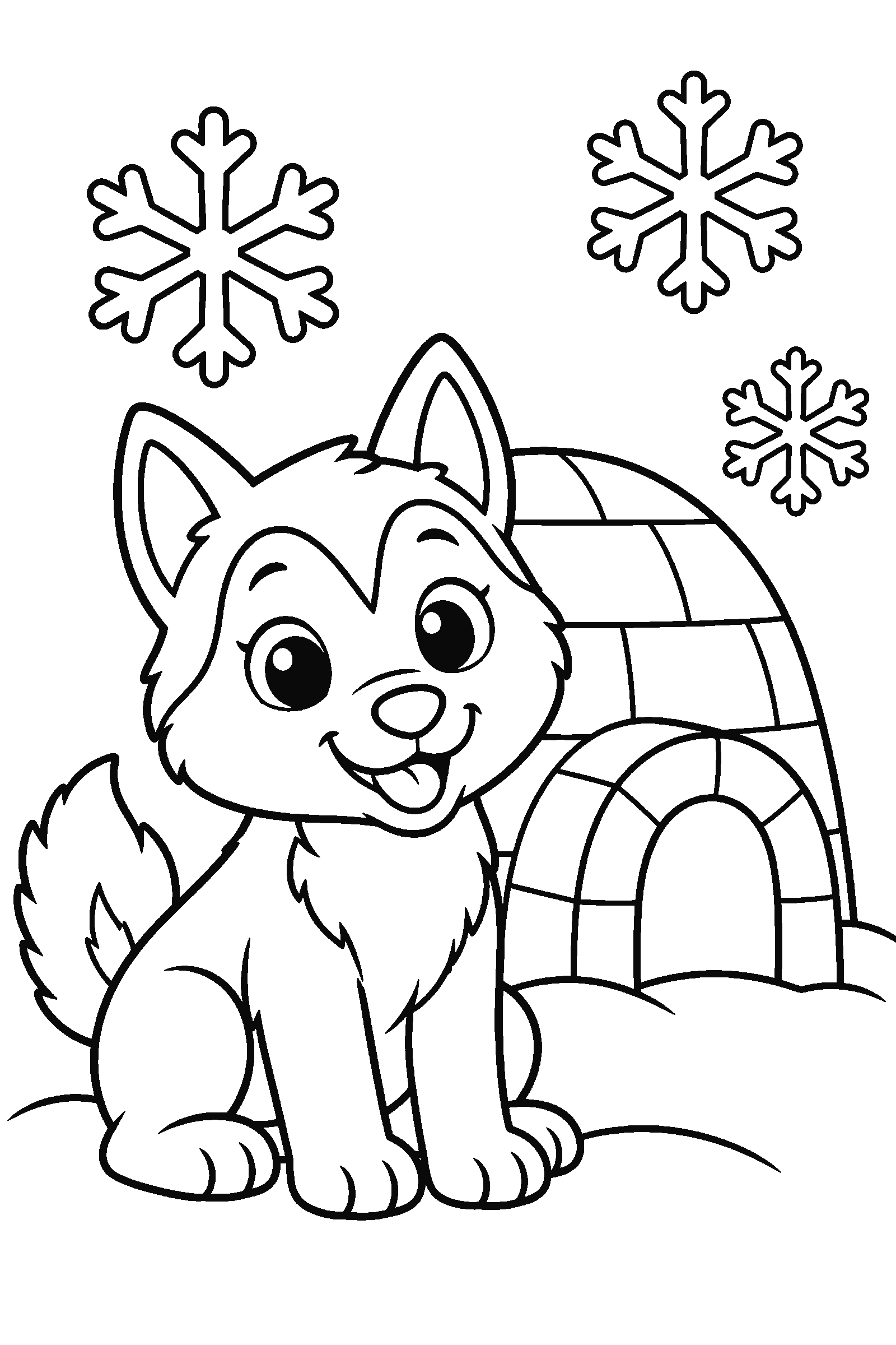 Coloring page of an igloo with a husky puppy and snowflakes