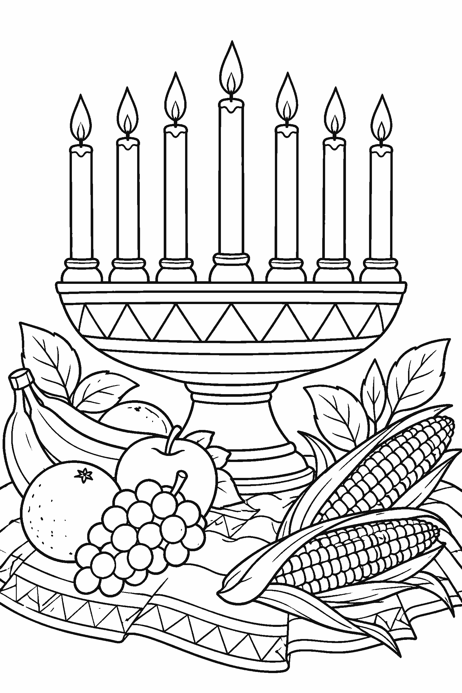 Coloring page of a Kwanzaa kinara with seven candles, fruit and corn