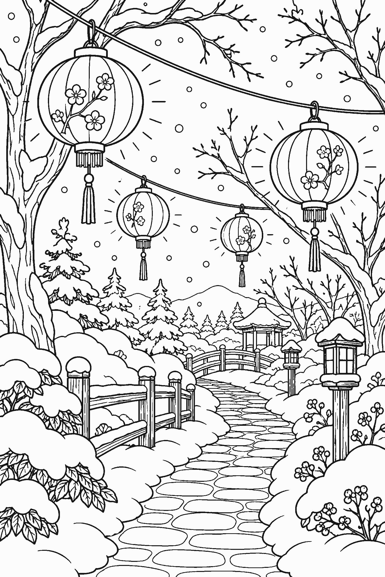 Coloring page of paper lanterns glowing over a snowy path