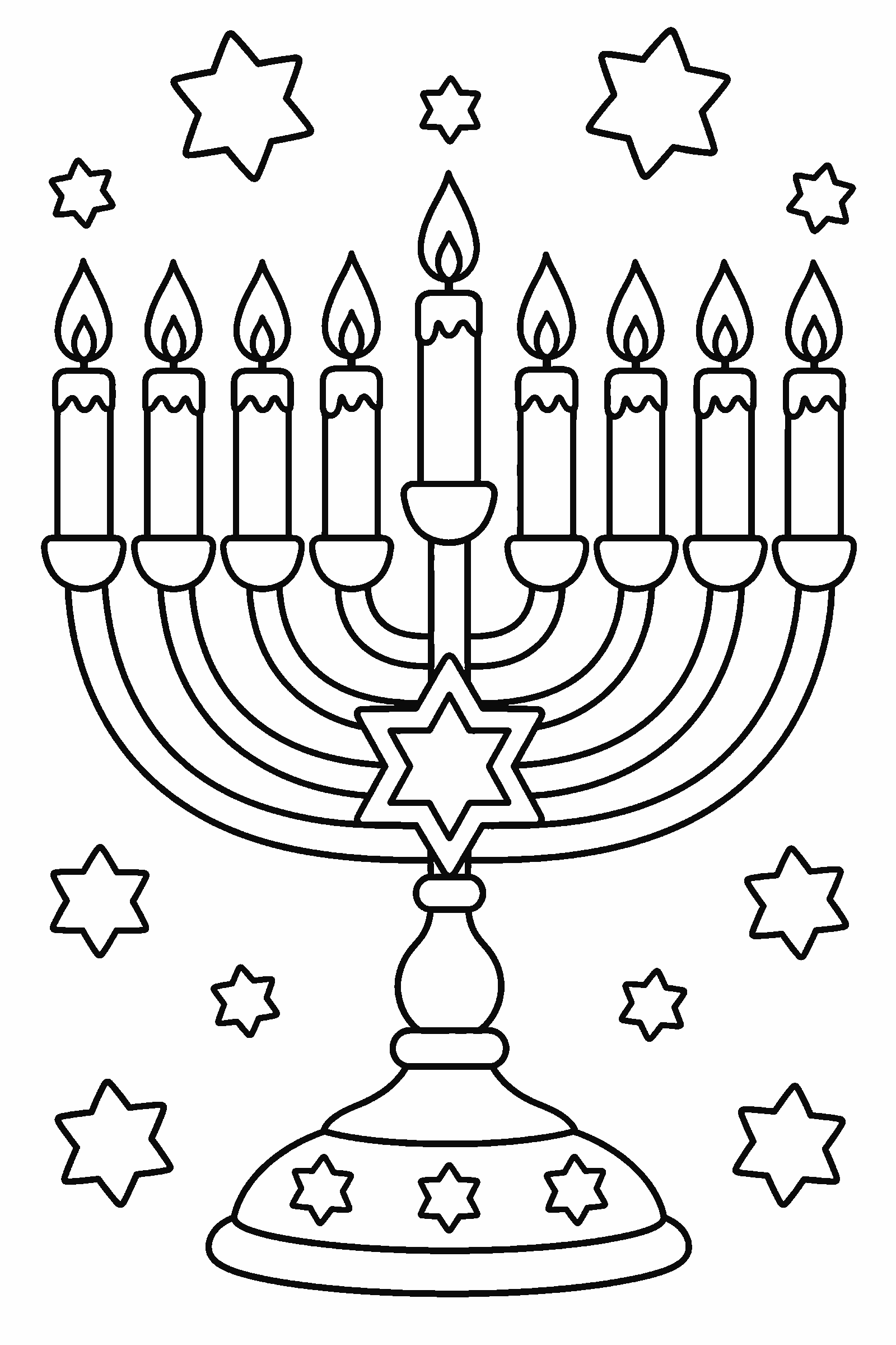 Coloring page of a Hanukkah menorah with nine candles and a star pattern