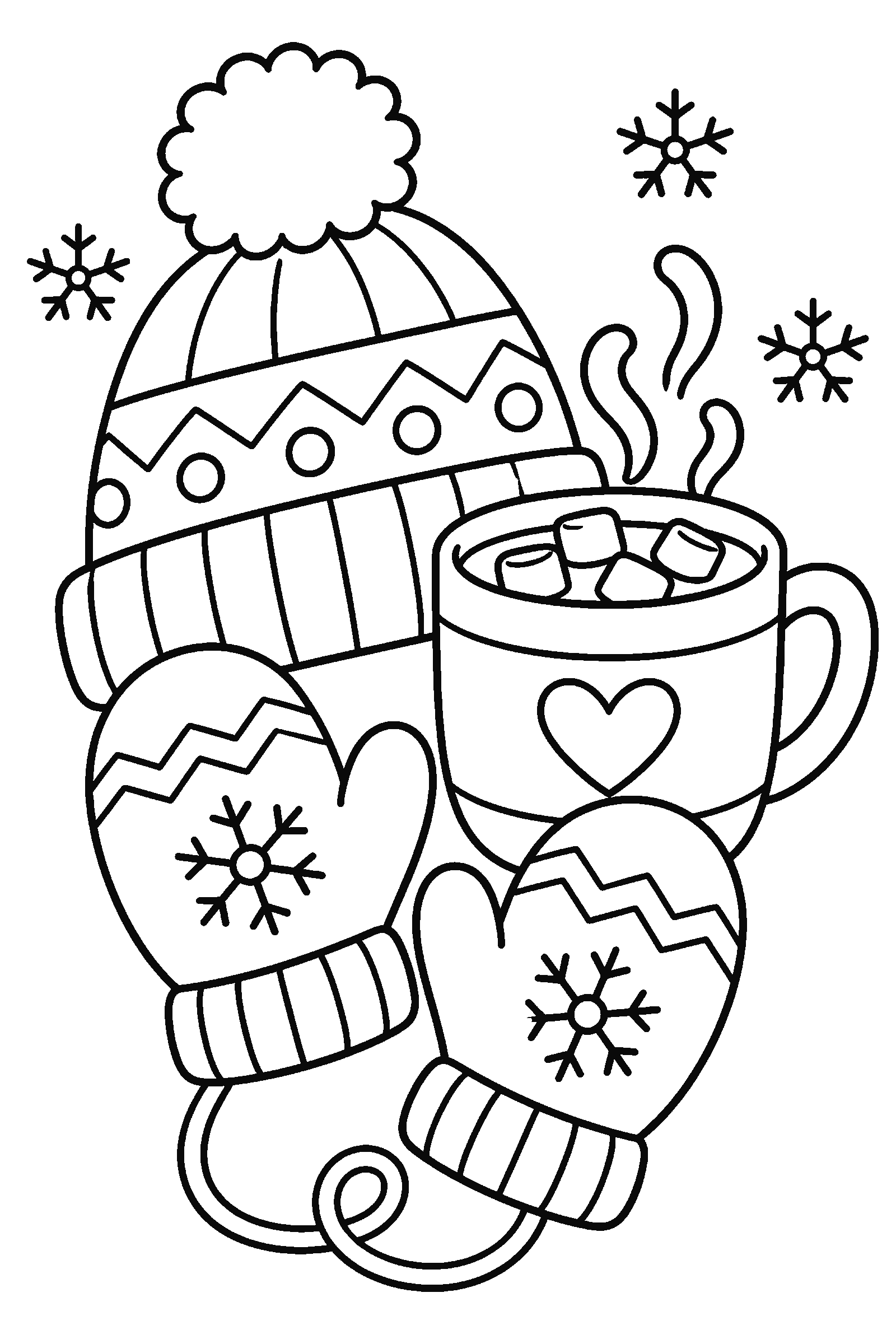 Coloring page of knitted mittens, a hat and a mug of hot cocoa with marshmallows