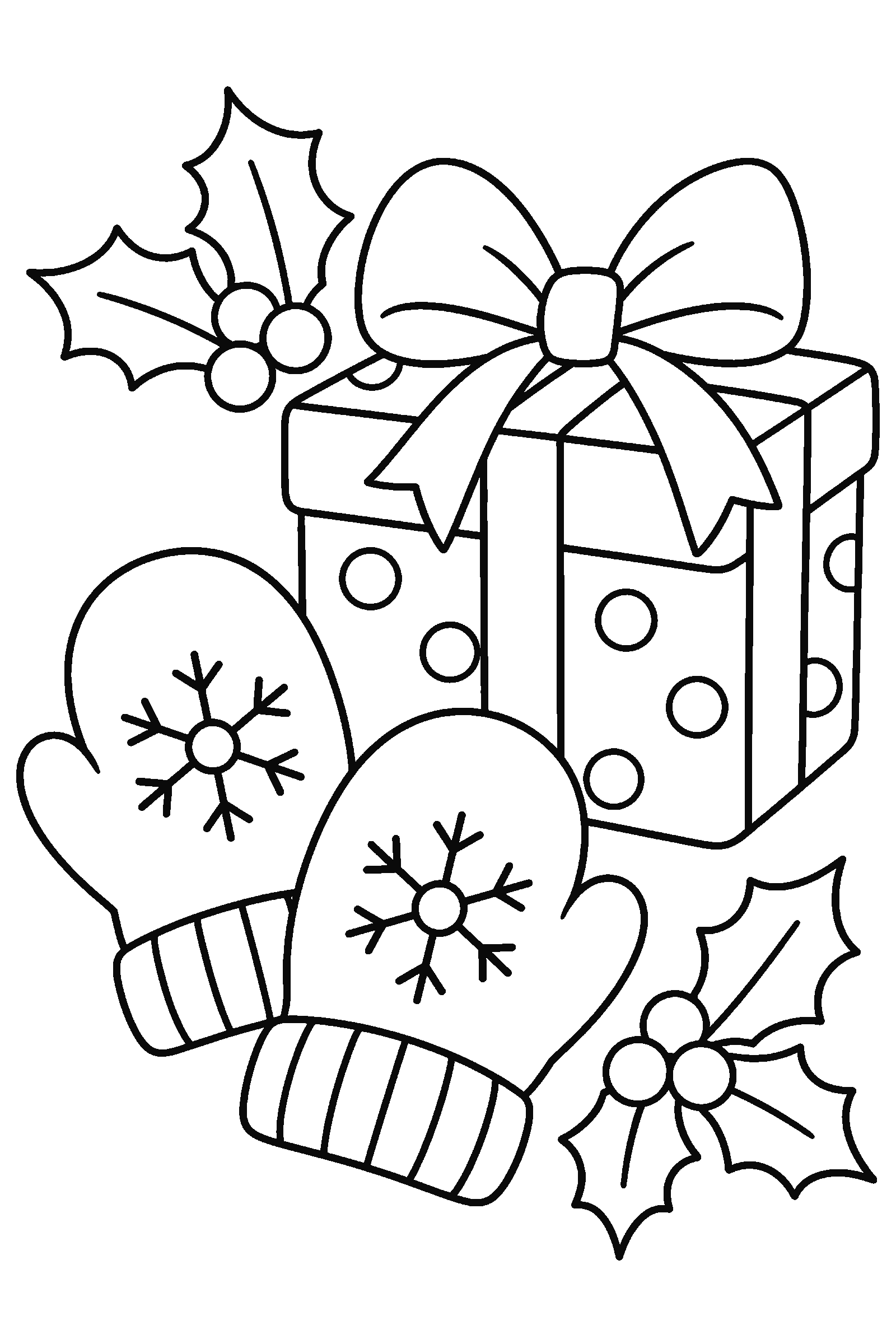 Coloring page of mittens next to a wrapped gift and holly