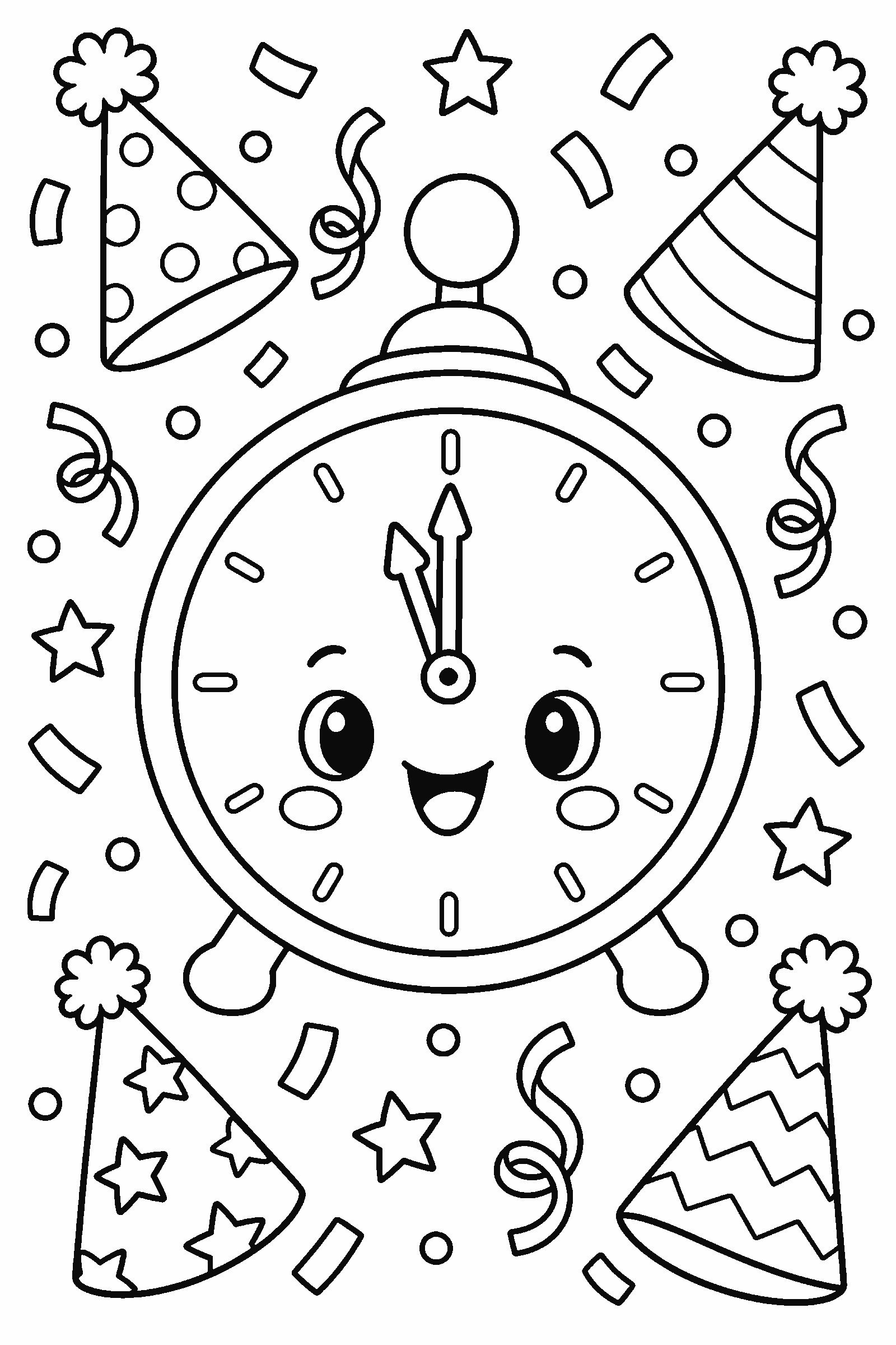 Coloring page of a clock about to strike midnight with confetti and party hats