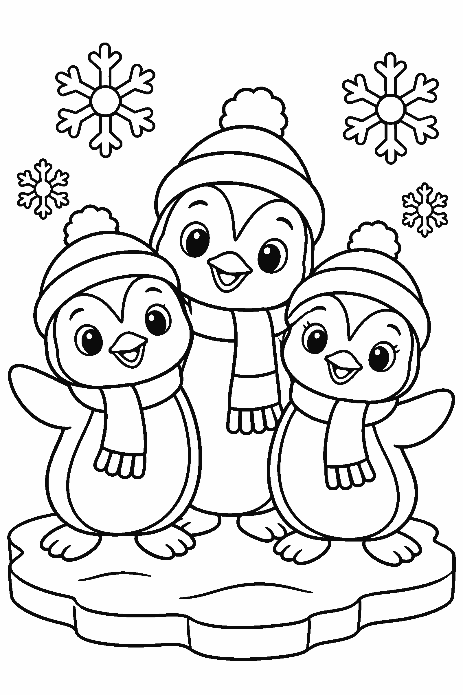 Coloring page of three penguin friends on the ice with snowflakes