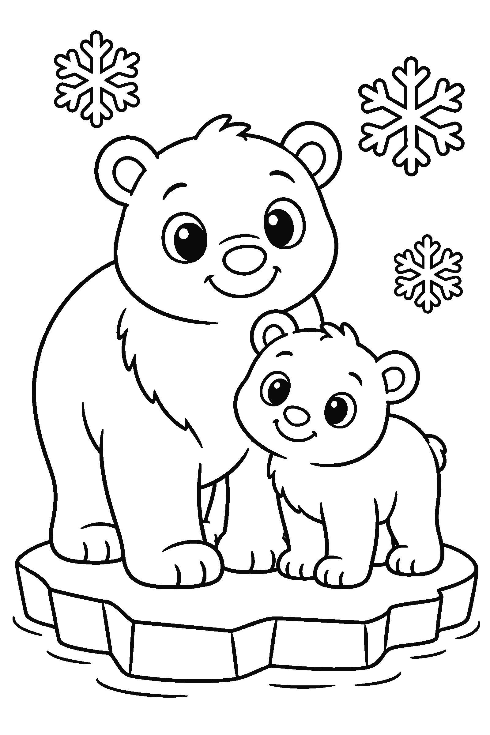 Coloring page of a polar bear and cub on an ice floe with snowflakes