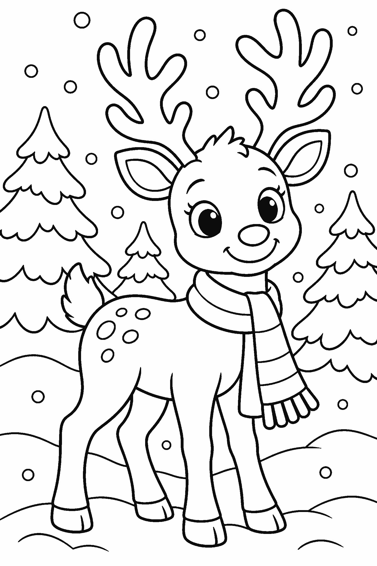 Coloring page of a reindeer standing in a snowy forest under falling snow