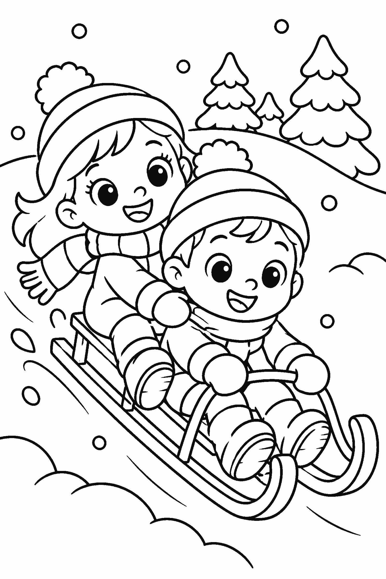 Coloring page of two kids sledding down a snowy hill with pine trees