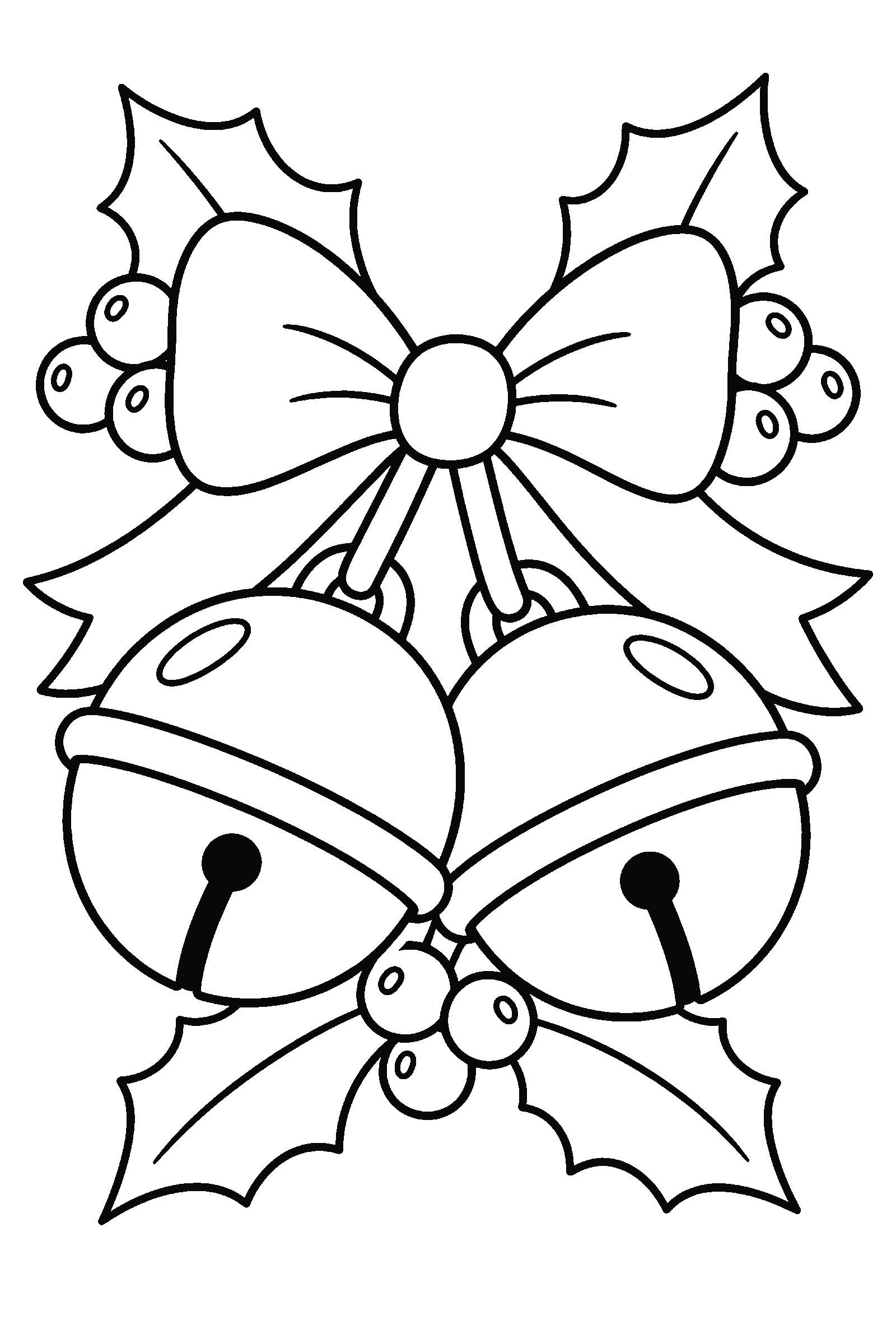 Coloring page of sleigh bells tied with a ribbon and holly