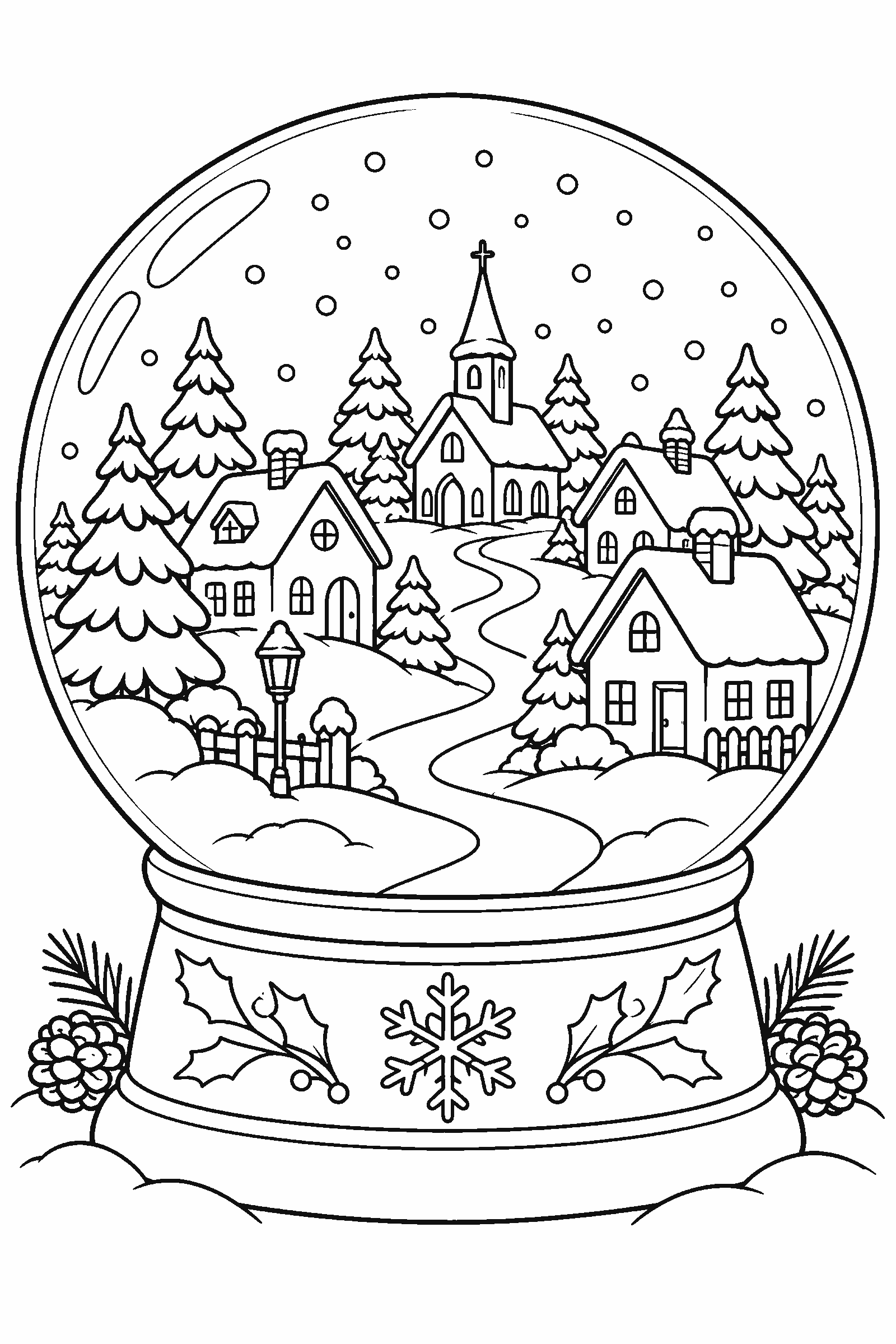 Coloring page of a snow globe with a little village inside